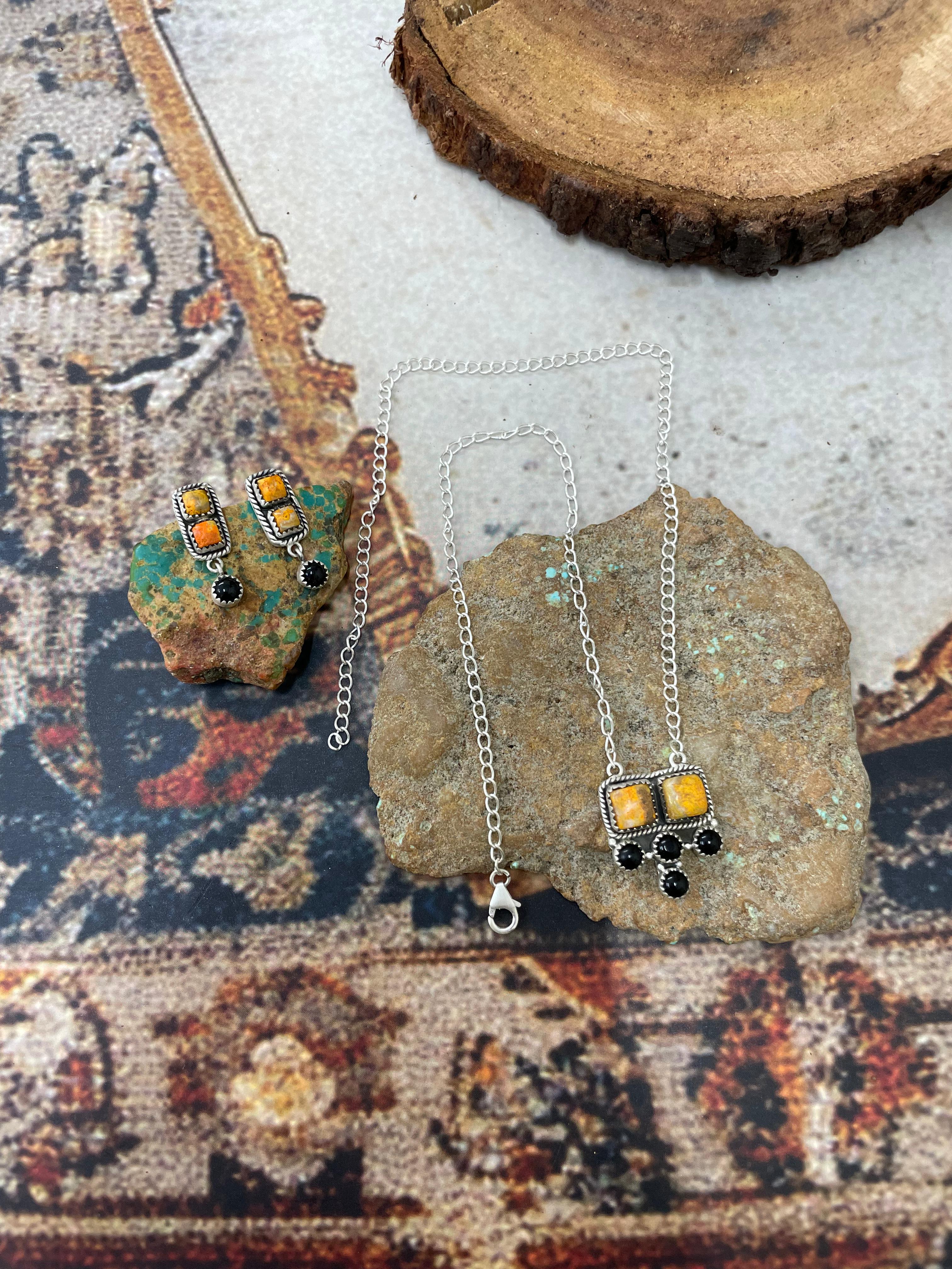 "Halloween Collection" Handmade Sterling Silver Black Onyx, Bumblebee Necklace with Signed Nizhoni