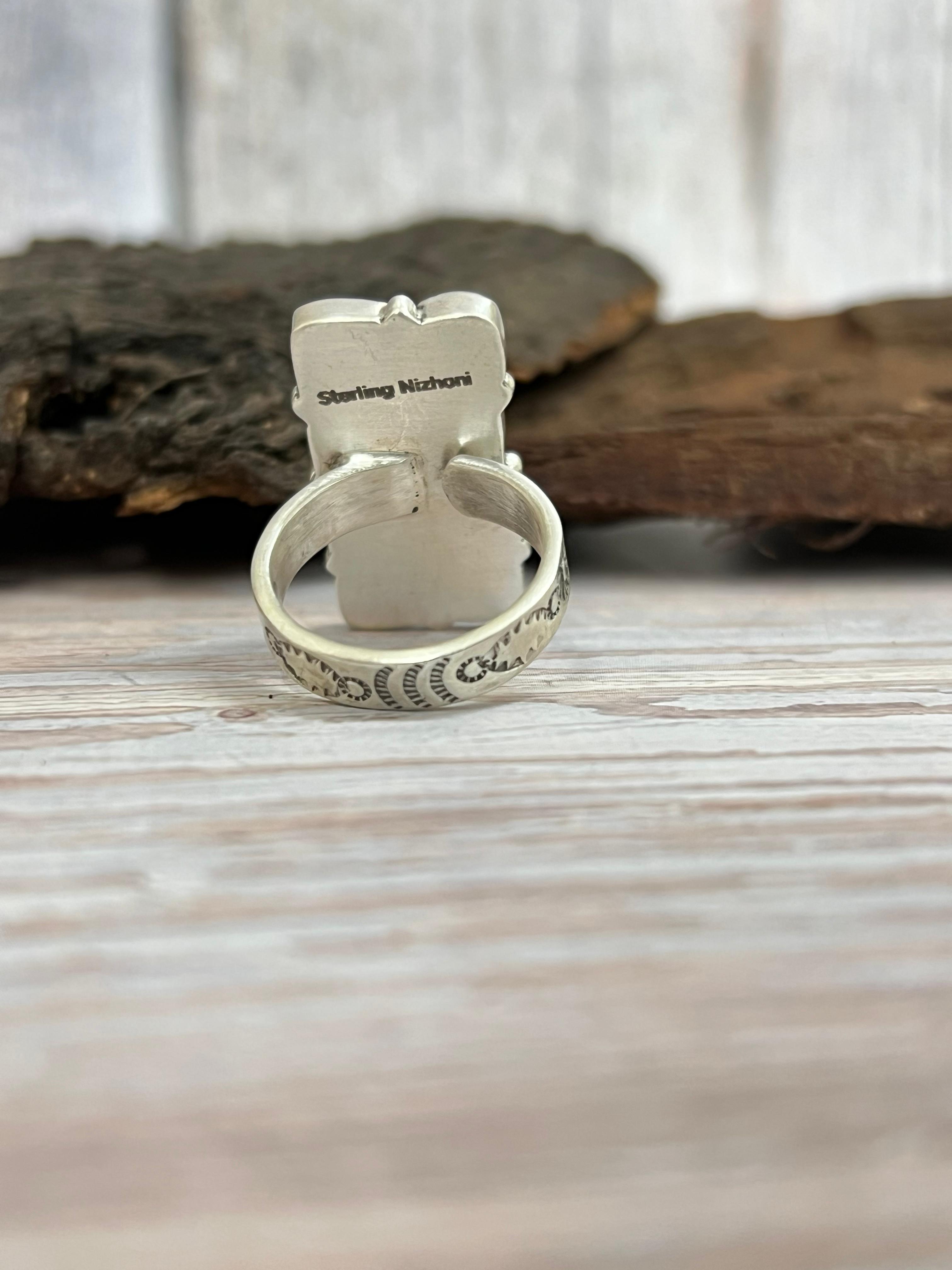 Handmade Sterling Silver Emerald Valley Adjustable Ring with Signed Nizhoni