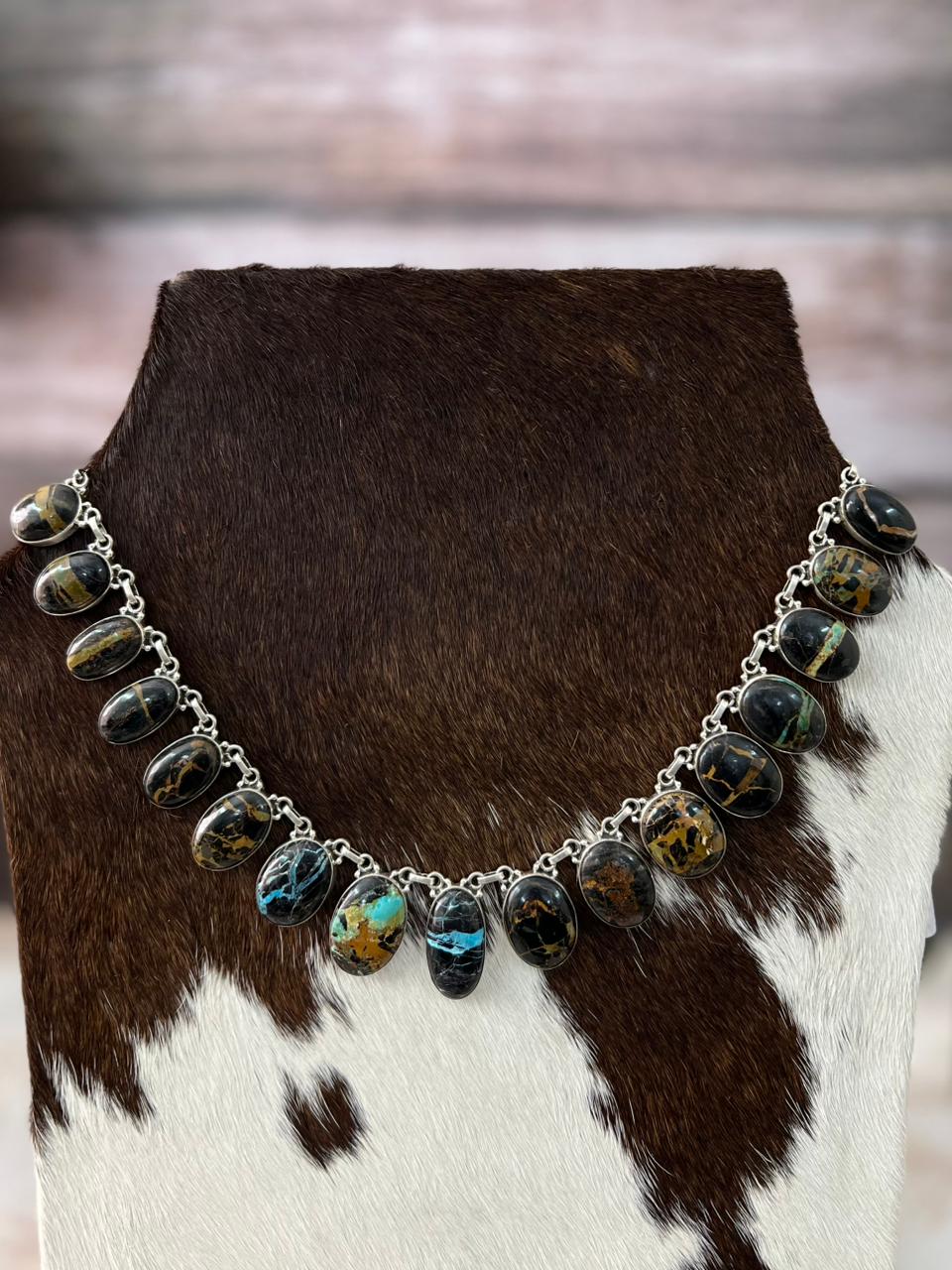 Handmade Sterling Silver Blackjack Turquoise Necklace "Signed Nizhoni"