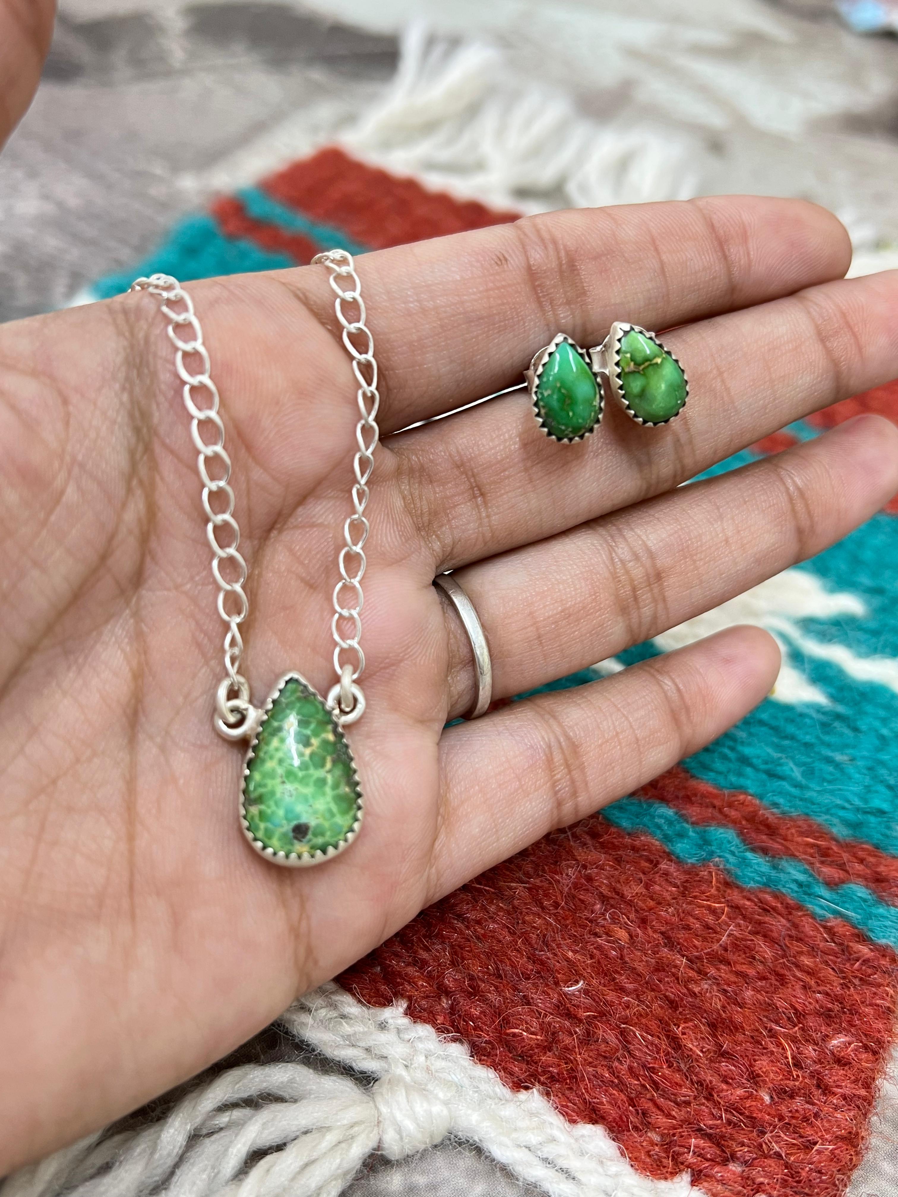 Handmade Sterling Silver Sonoran Mountain Turquoise Necklace Earrings Set with Signed Nizhoni