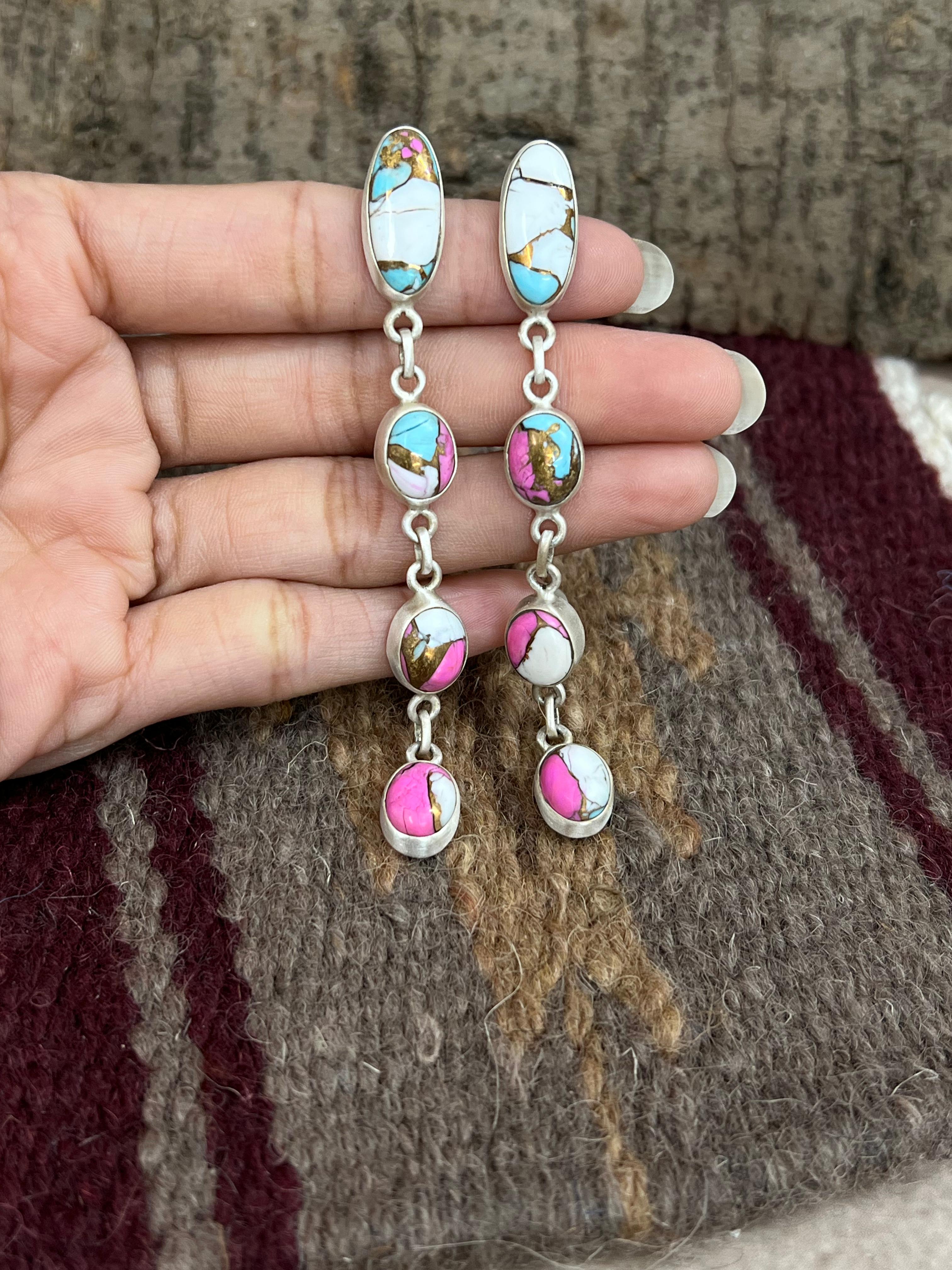 Handmade Sterling Silver Cotton Candy Turquoise Post Dangle Earrings with Signed Nizhoni