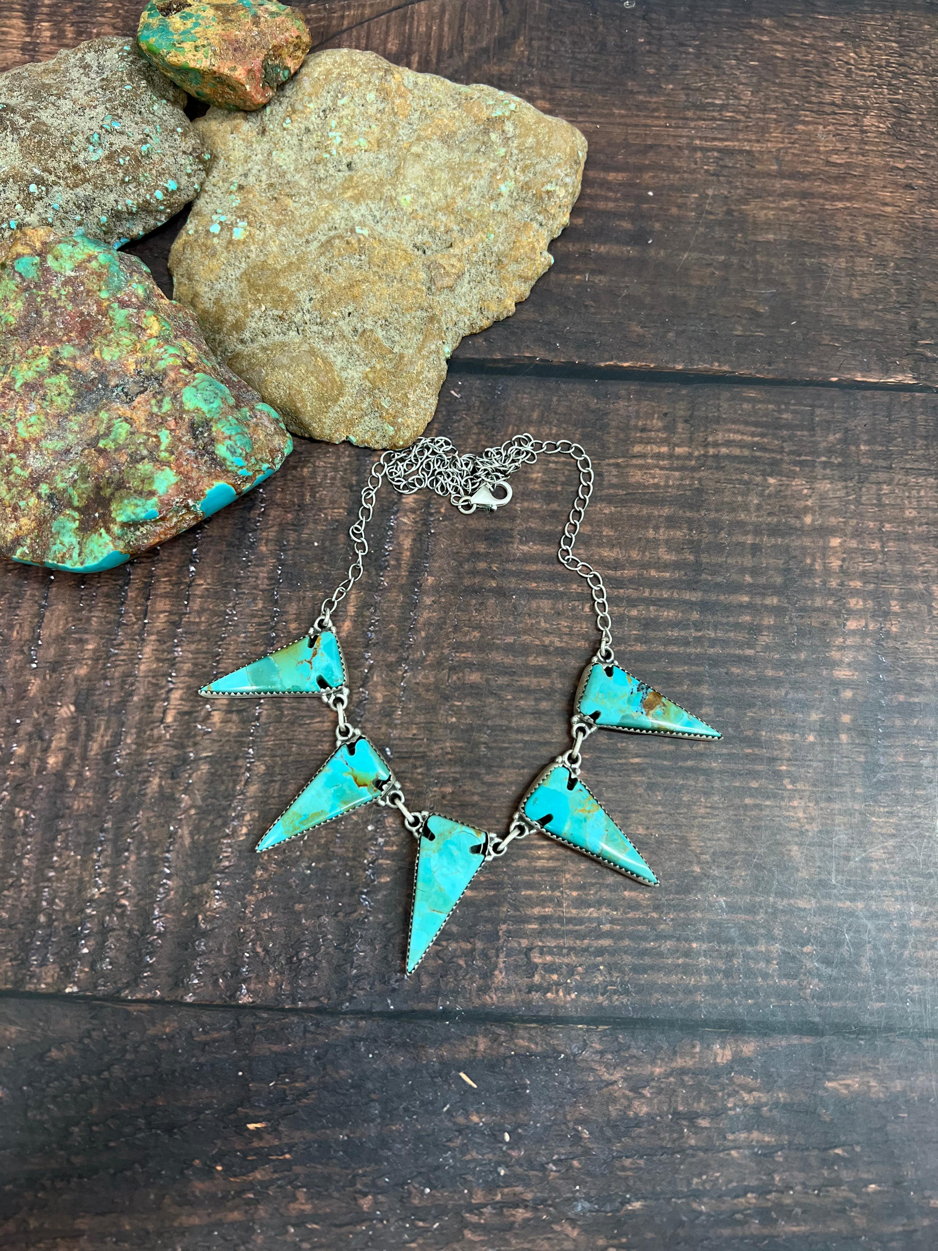 Handmade Sterling Silver Kingman Turquoise Arrow Necklace with Signed Nizhoni