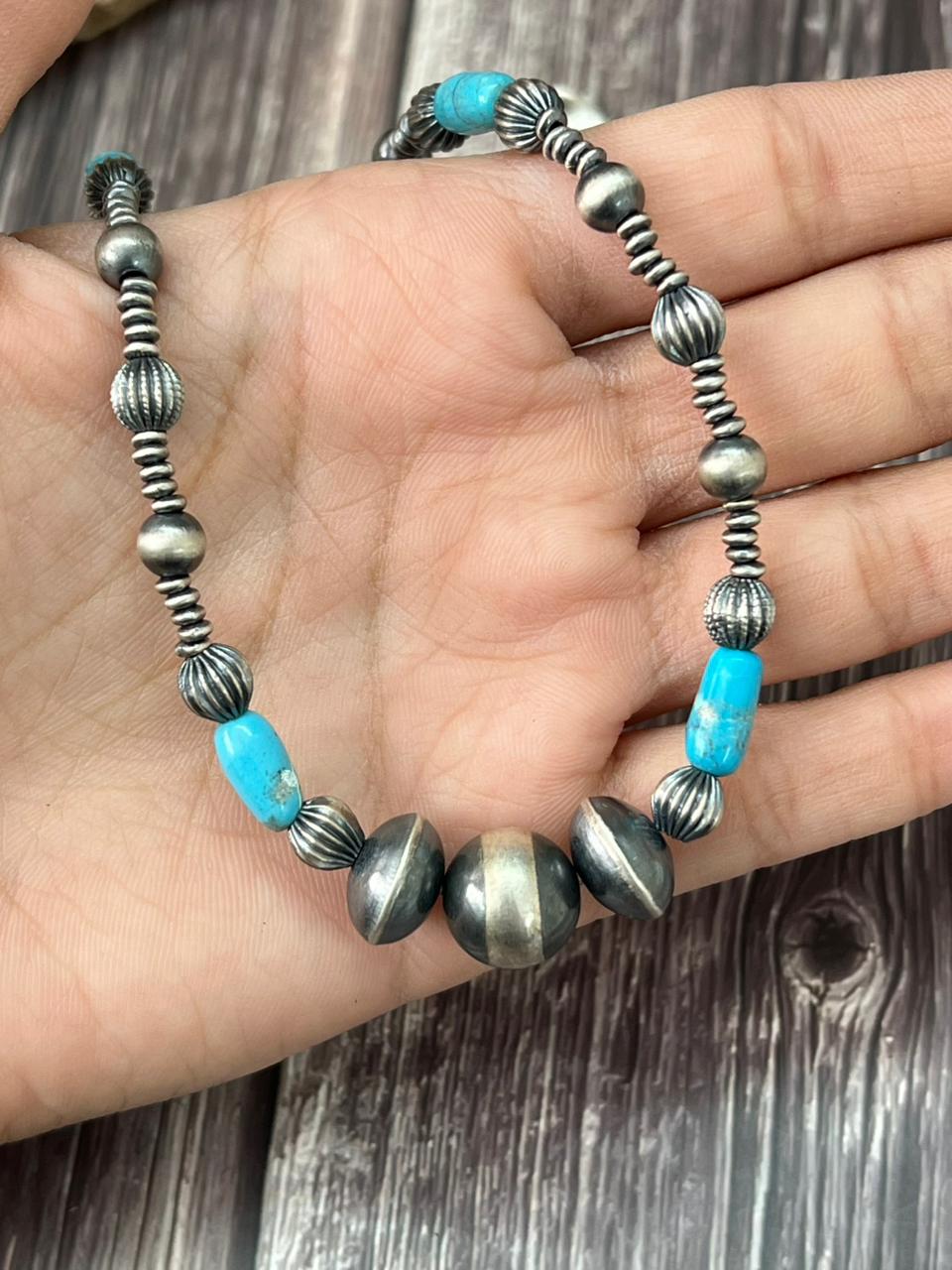 Handmade Sterling Silver Beaded Kingman Turquoise Necklace (7)