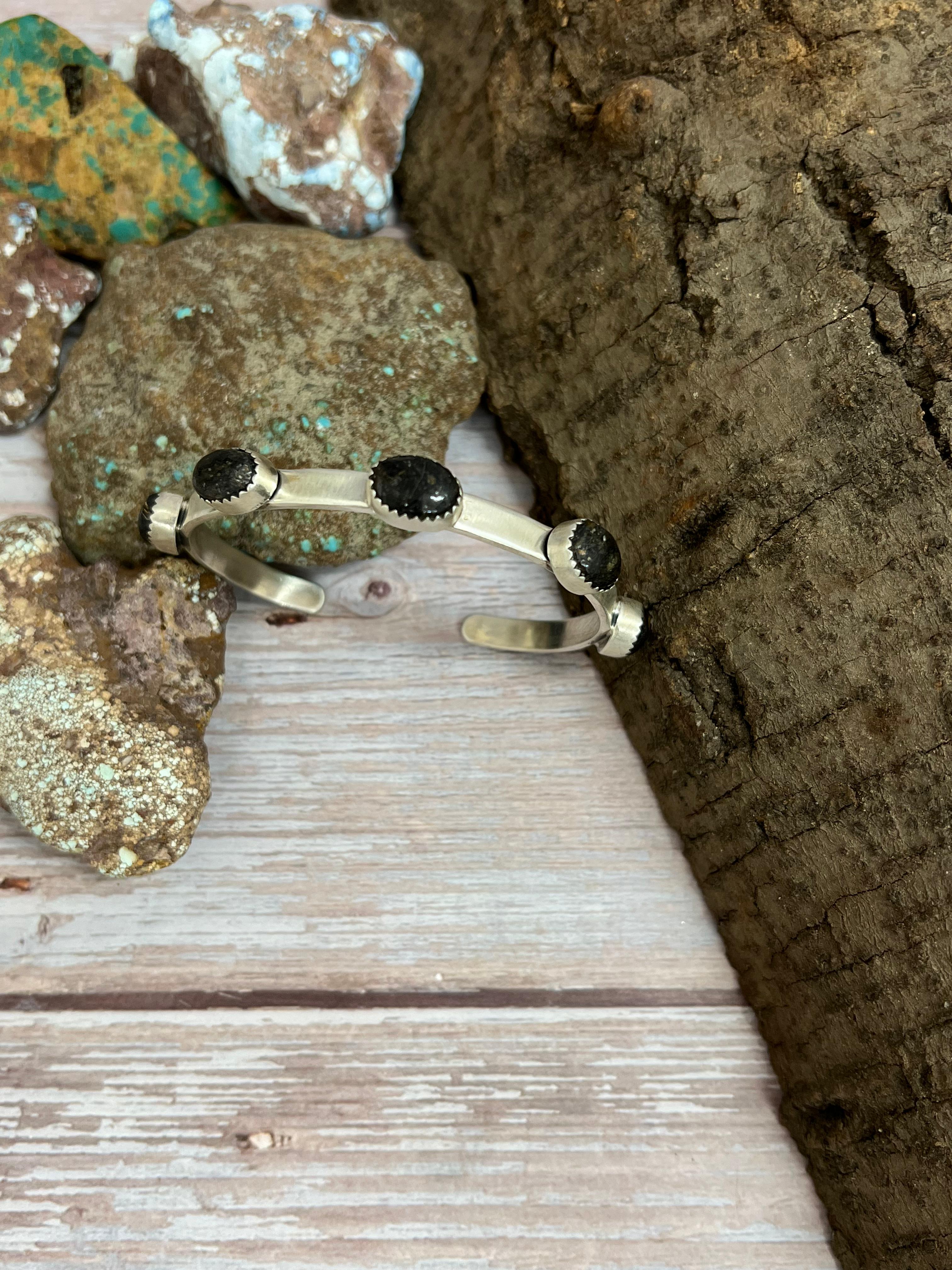 Handmade Sterling Silver Black Jack Cuff Bracelet with Signed Nizhoni