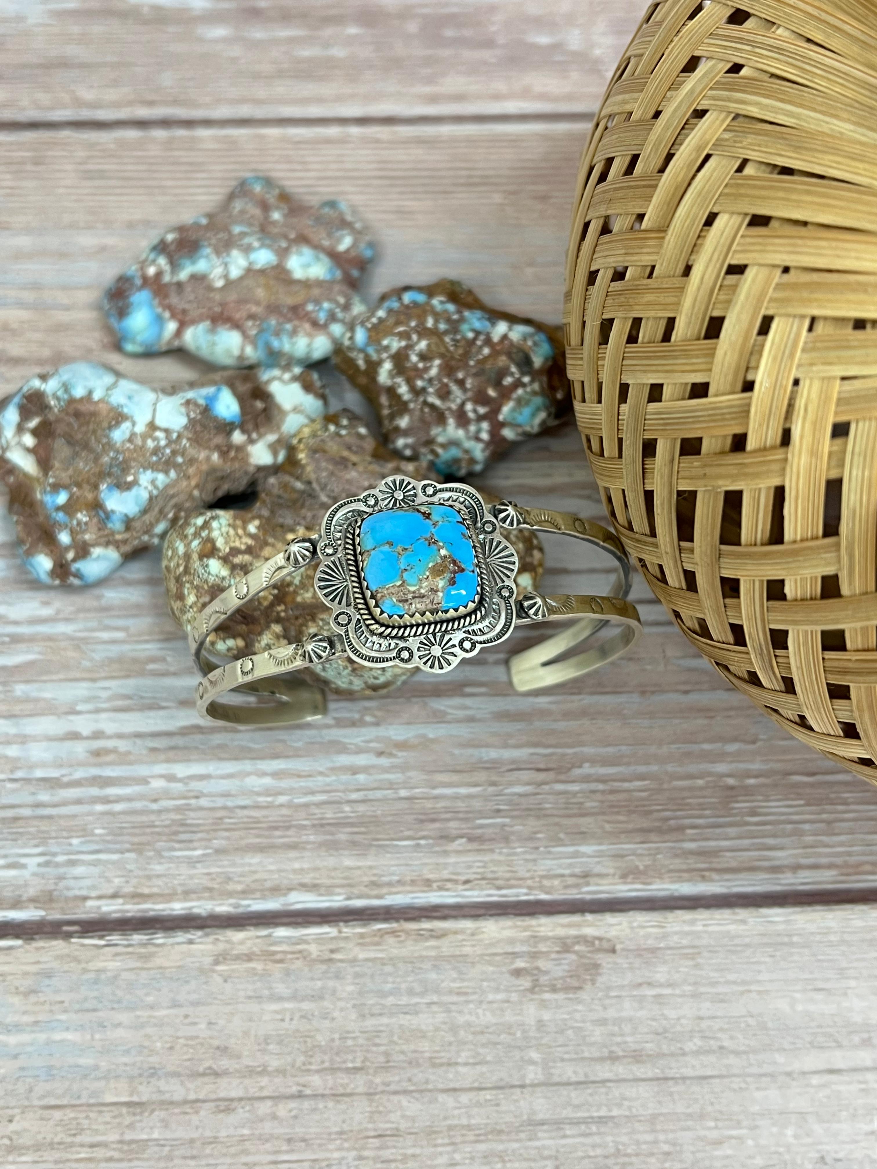 Handmade Sterling Silver Golden Hills Turquoise Cuff Bracelet with Signed Nizhoni