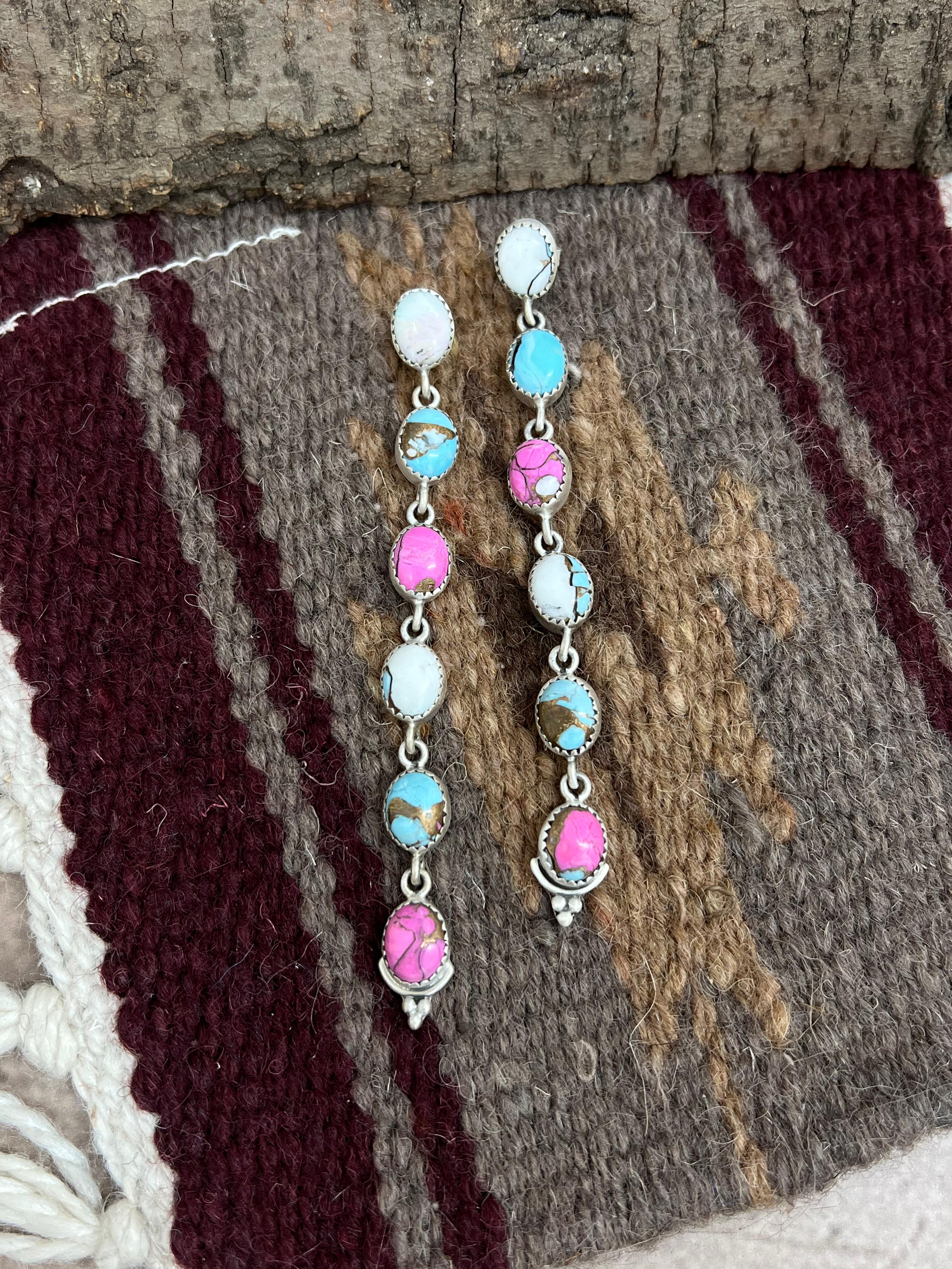 Handmade Sterling Silver Cotton Candy Turquoise Post Dangle Earrings with Signed Nizhoni