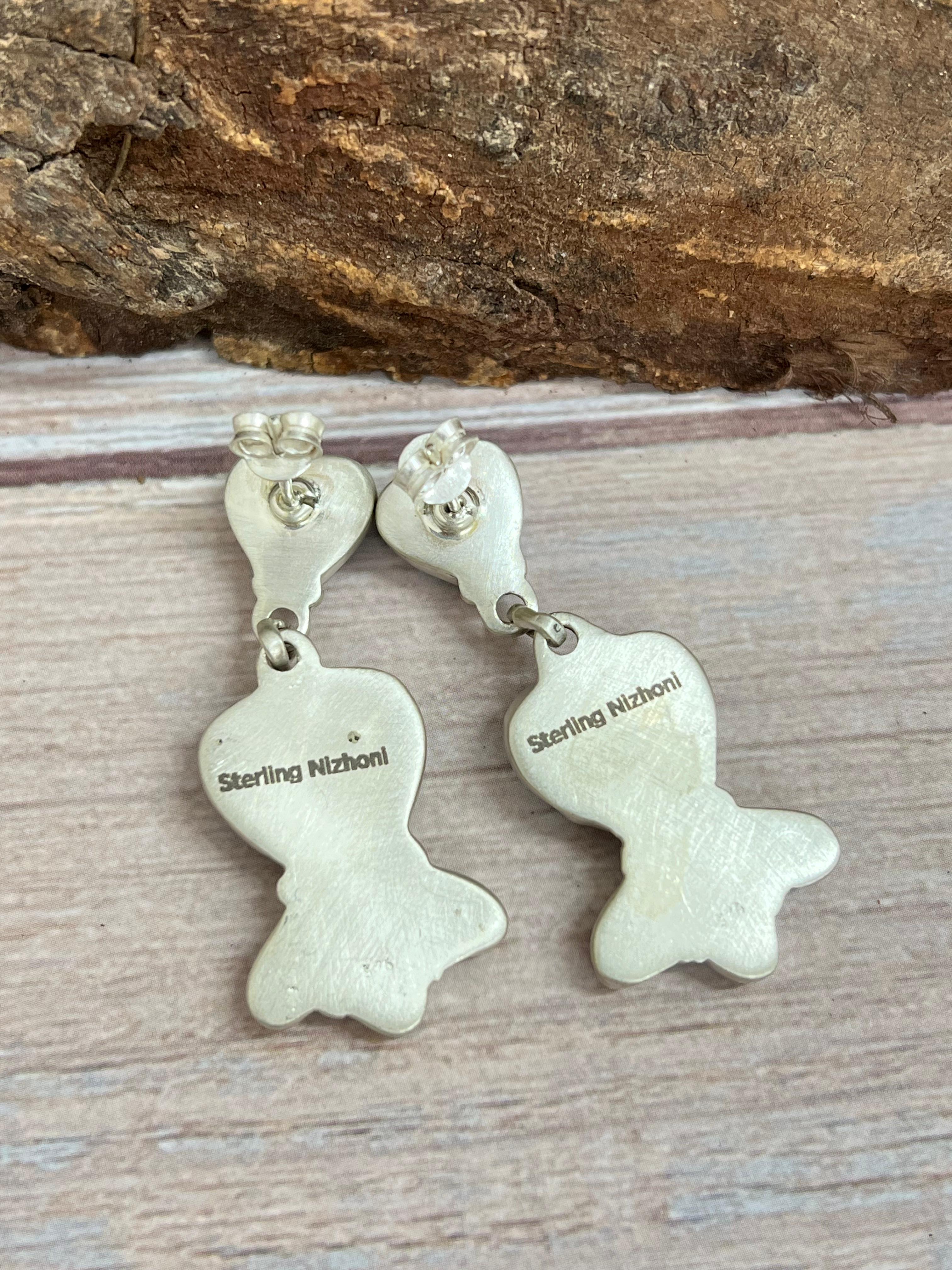 Handmade Sterling Silver o￼Black Onyx with White Buffalo Turquoise Dangle Earrings, Signed Nizhoni