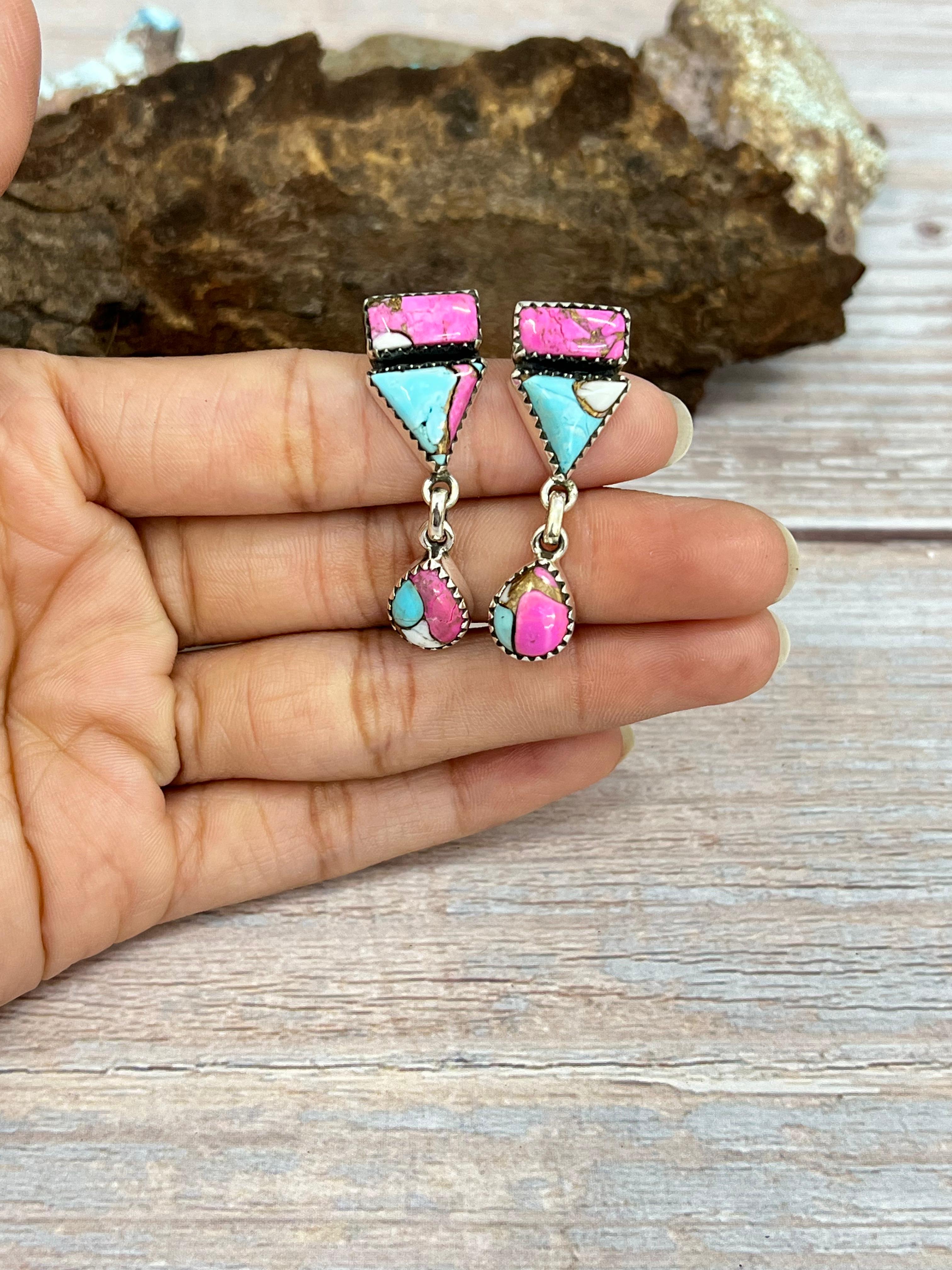 Handmade Sterling Silver Cotton Candy Turquoise Dangle Earrings with Signed Nizhoni