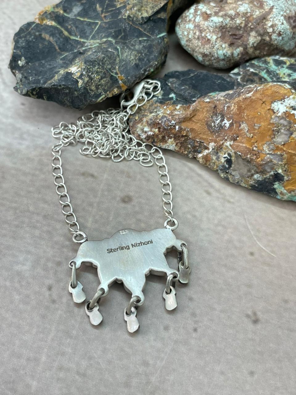 Handmade Sterling Silver Peacock Dahlia with Palomino Necklace "Signed Nizhoni" (8)