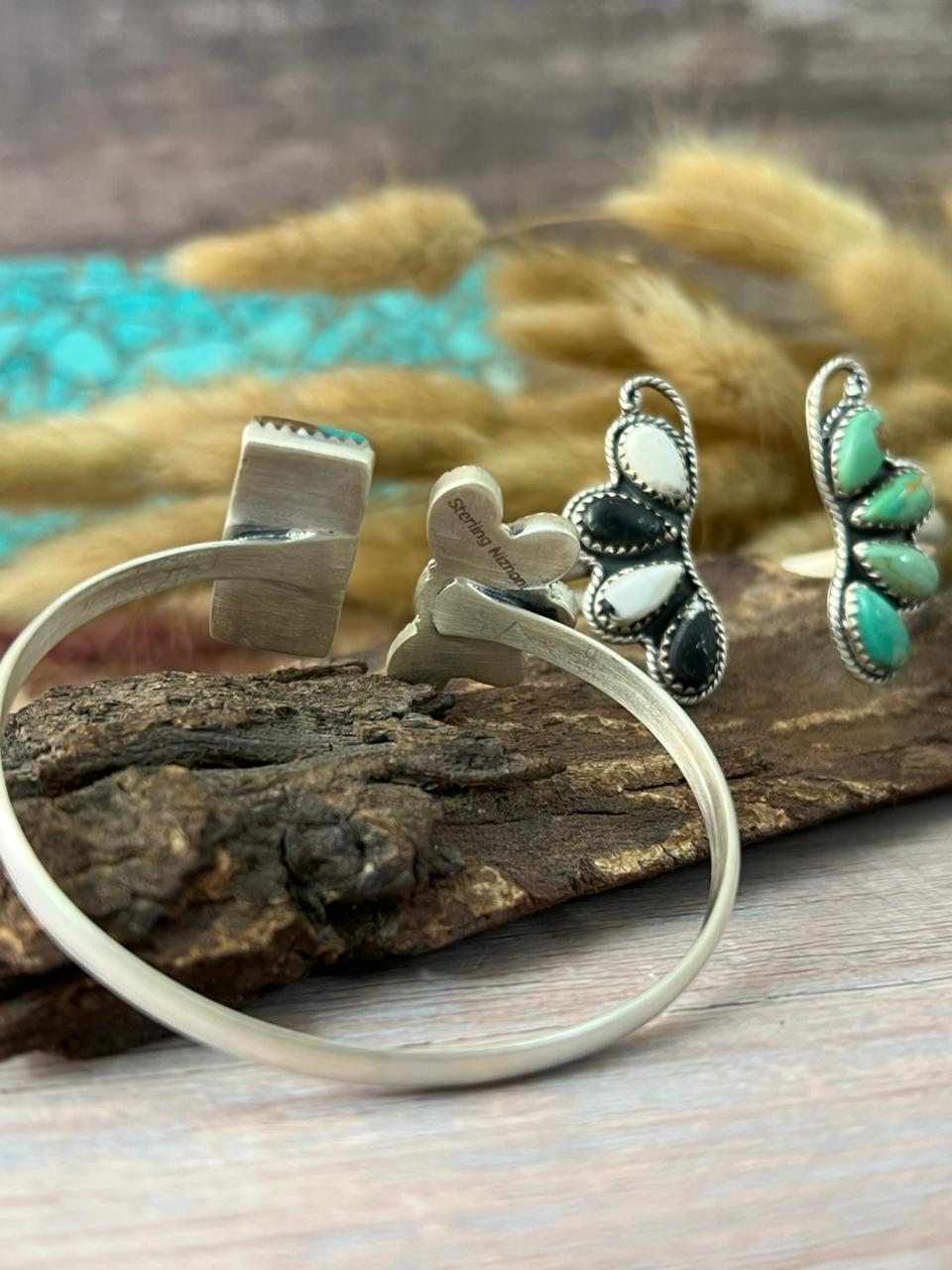 Handmade Sterling Silver Kingman Turquoise with White Buffalo Cuff Bracelet "Signed Nizhoni"