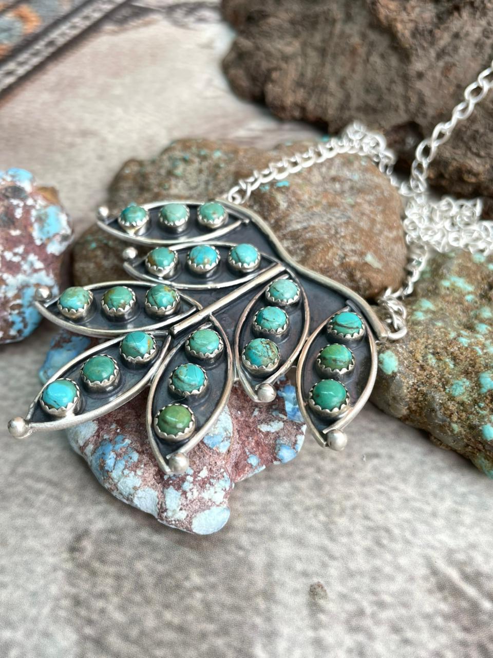 Handmade Sterling Silver Kingman Turquoise Necklace with Signed Nizhoni