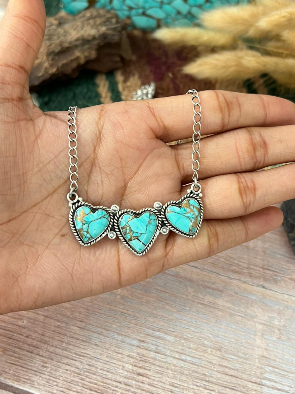 Handmade Sterling Silver Mint Dahlia Collection: Heart Necklace "Signed Nizhoni"