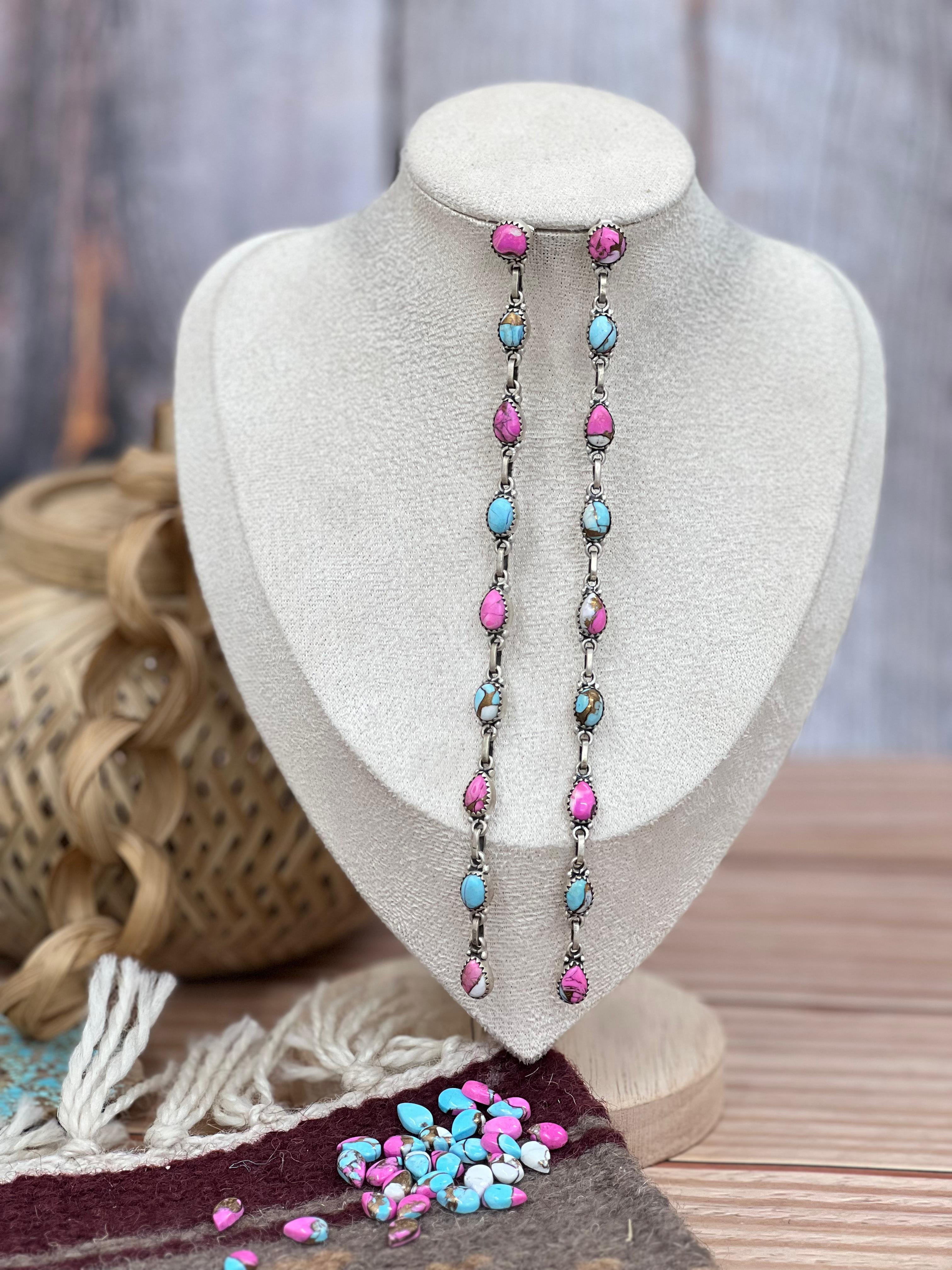 Handmade Sterling Silver Cotton Candy Turquoise Dangle Earrings with Signed Nizhoni