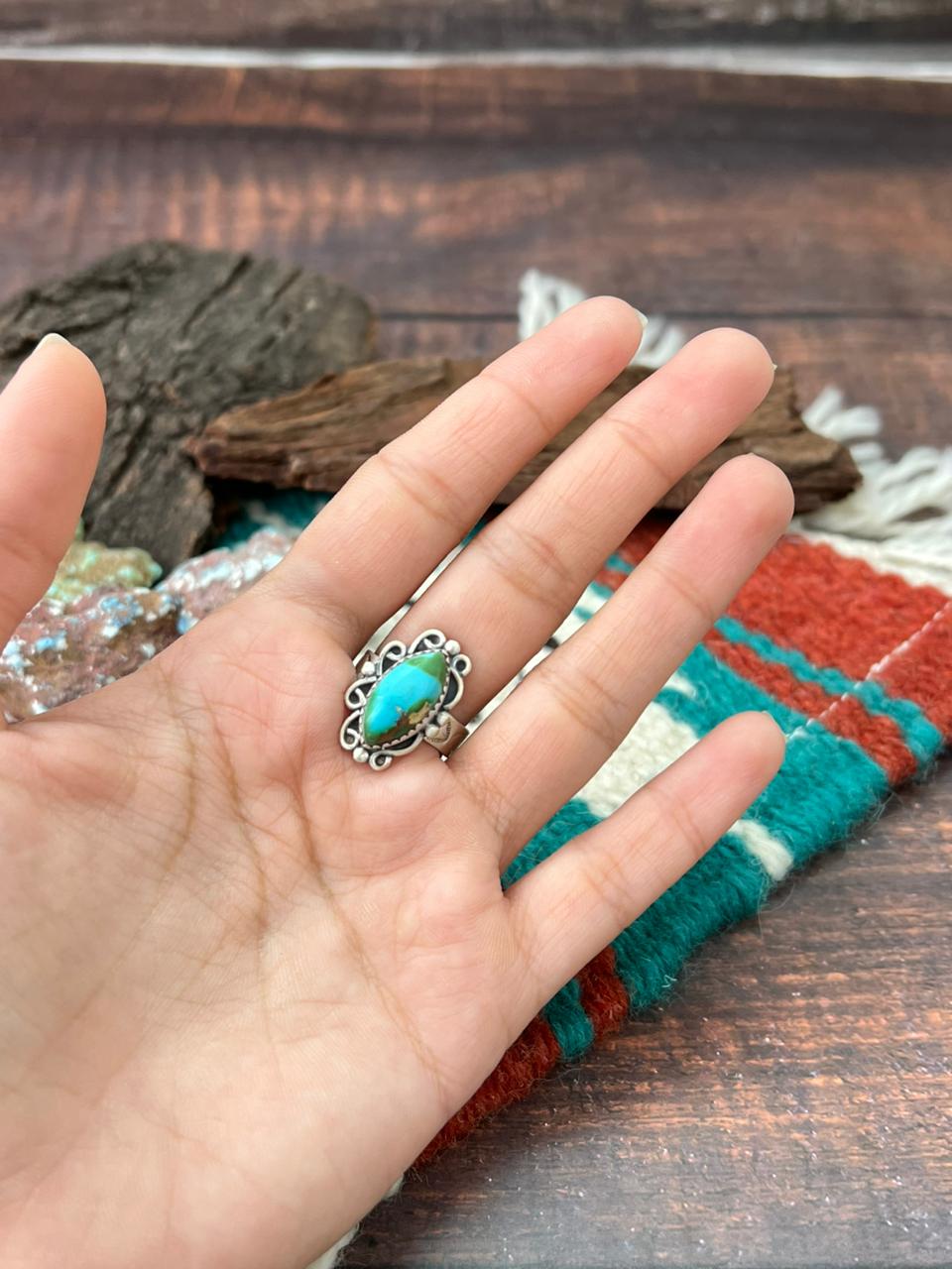 Handmade Sterling Silver Sonoran Mountain Turquoise Adjustable Ring " Signed Nizhoni" (1)