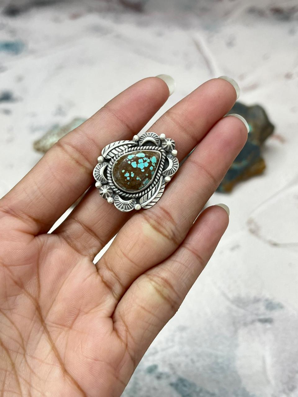 Handmade Sterling Silver Number 8 Turquoise Adjustable Ring "Signed Nizhoni"