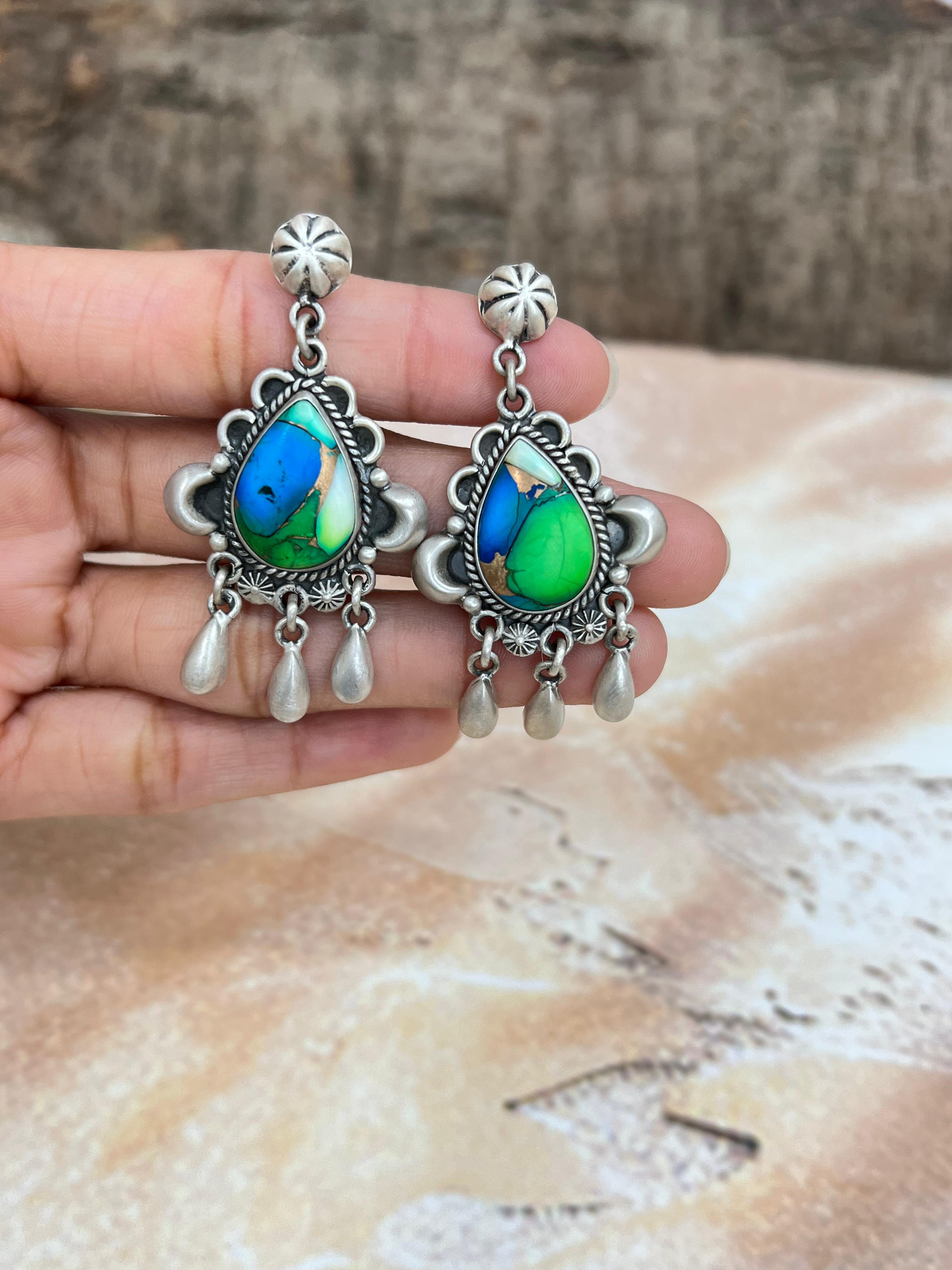 Handmade Sterling Silver Peacock Dahlia Post Earrings with Signed Nizhoni