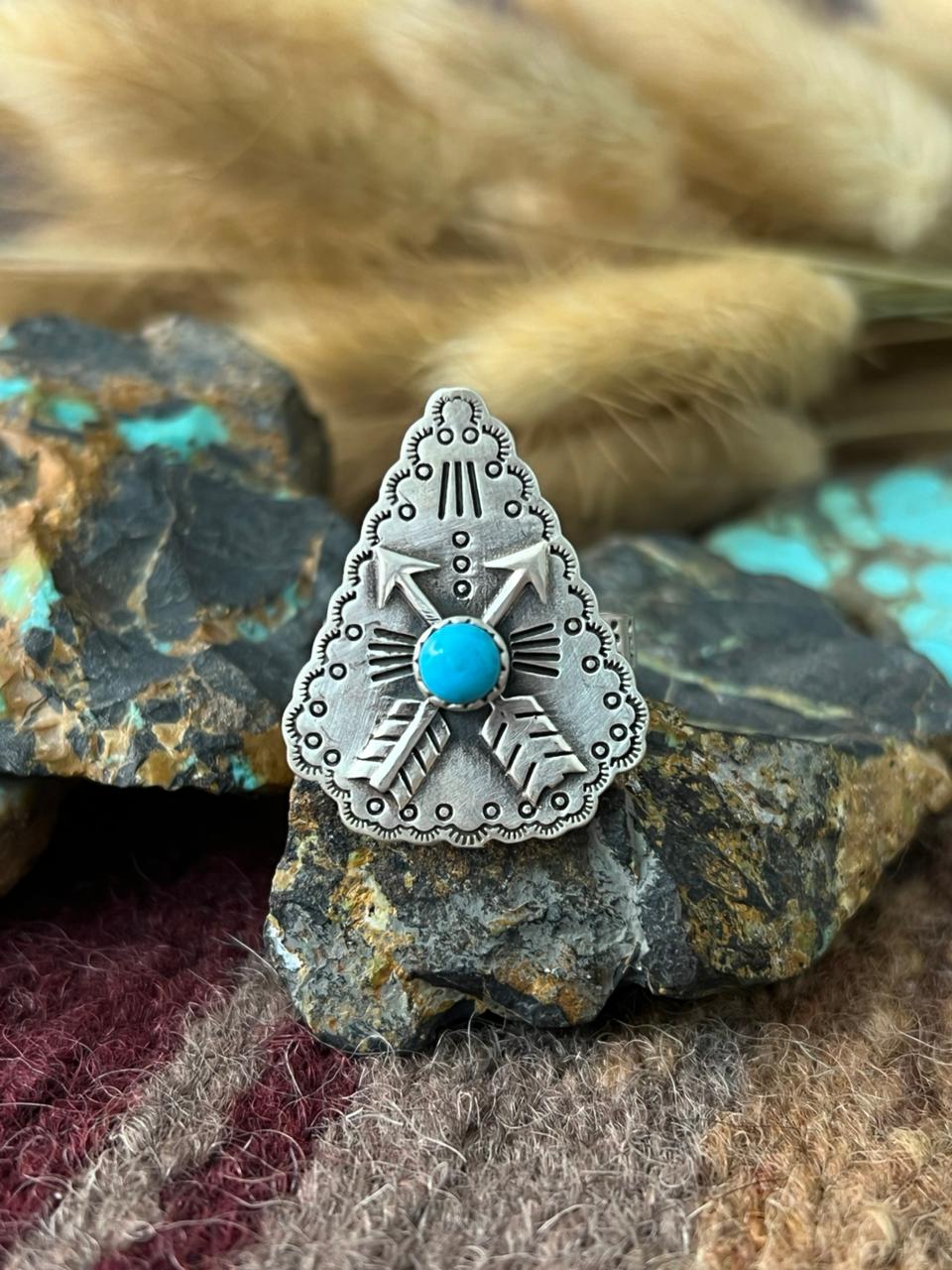 Handmade Sterling Silver Blue Turquoise Adjusatble Ring "Signed Nizhoni"