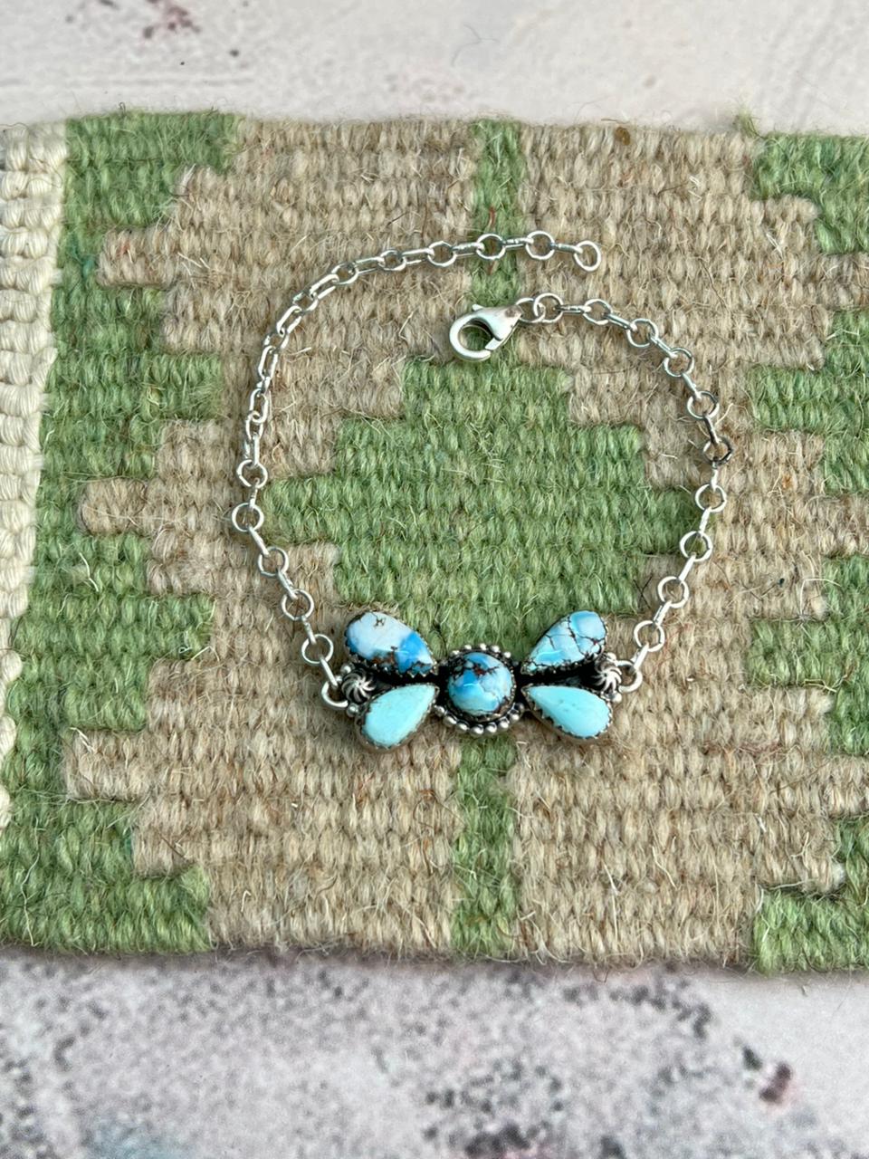 Handmade Sterling Silver Golden Hills Turquoise Chain Bracelet "Signed Nizhoni"