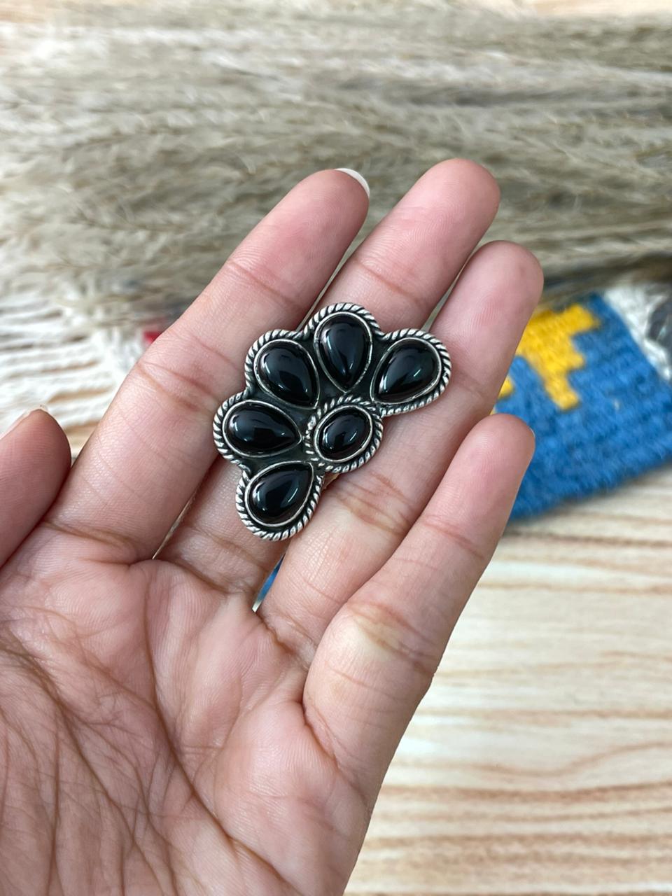 Handmade Sterling Silver Black Onyx Adjustable Ring "Signed Nizhoni"