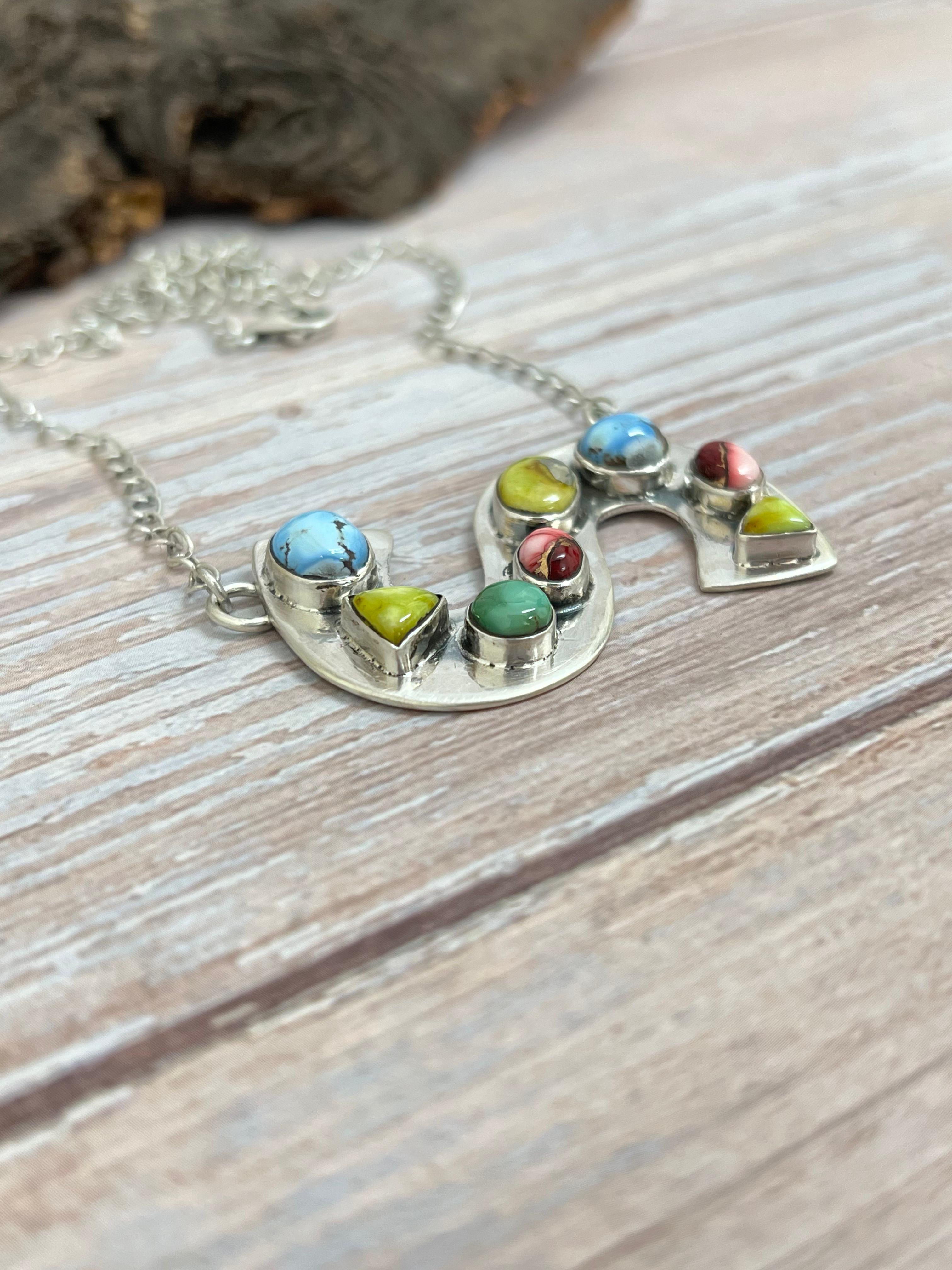 Handmade Sterling Silver Mix Multi Stone (S) Letter Necklace with Signed Nizhoni