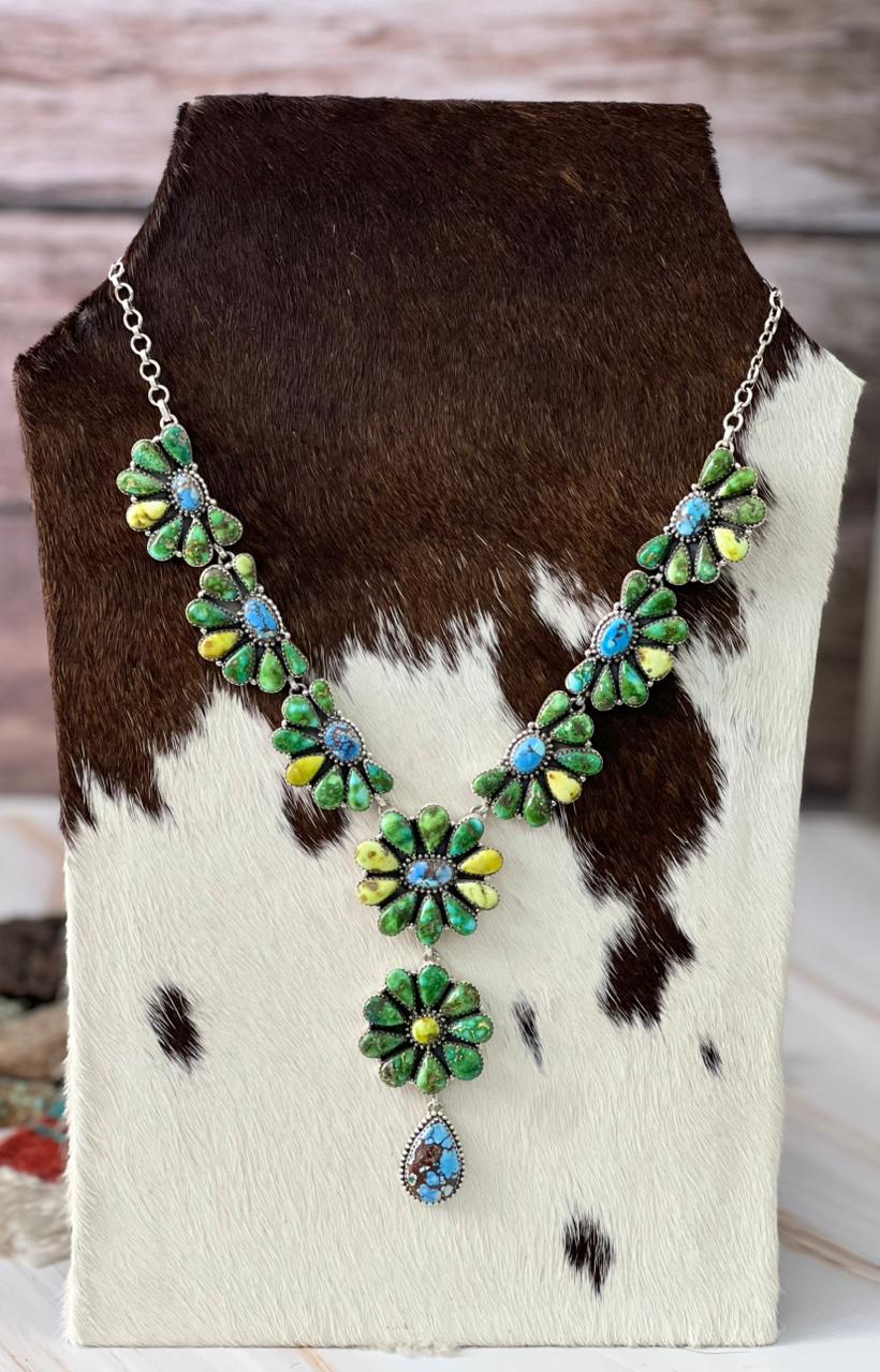 Handmade Sterling Silver Palomino with Golden Hills and Sonoran Mountain Turquoise Necklace "Signed Nizhoni"