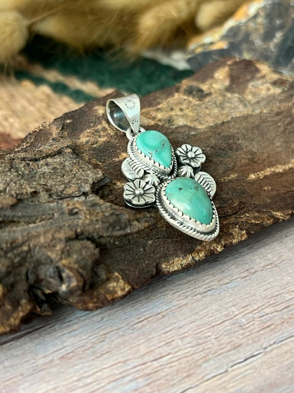 Handmade Sterling Silver Tibetan Turquoise Pendant "Signed Nizhoni"