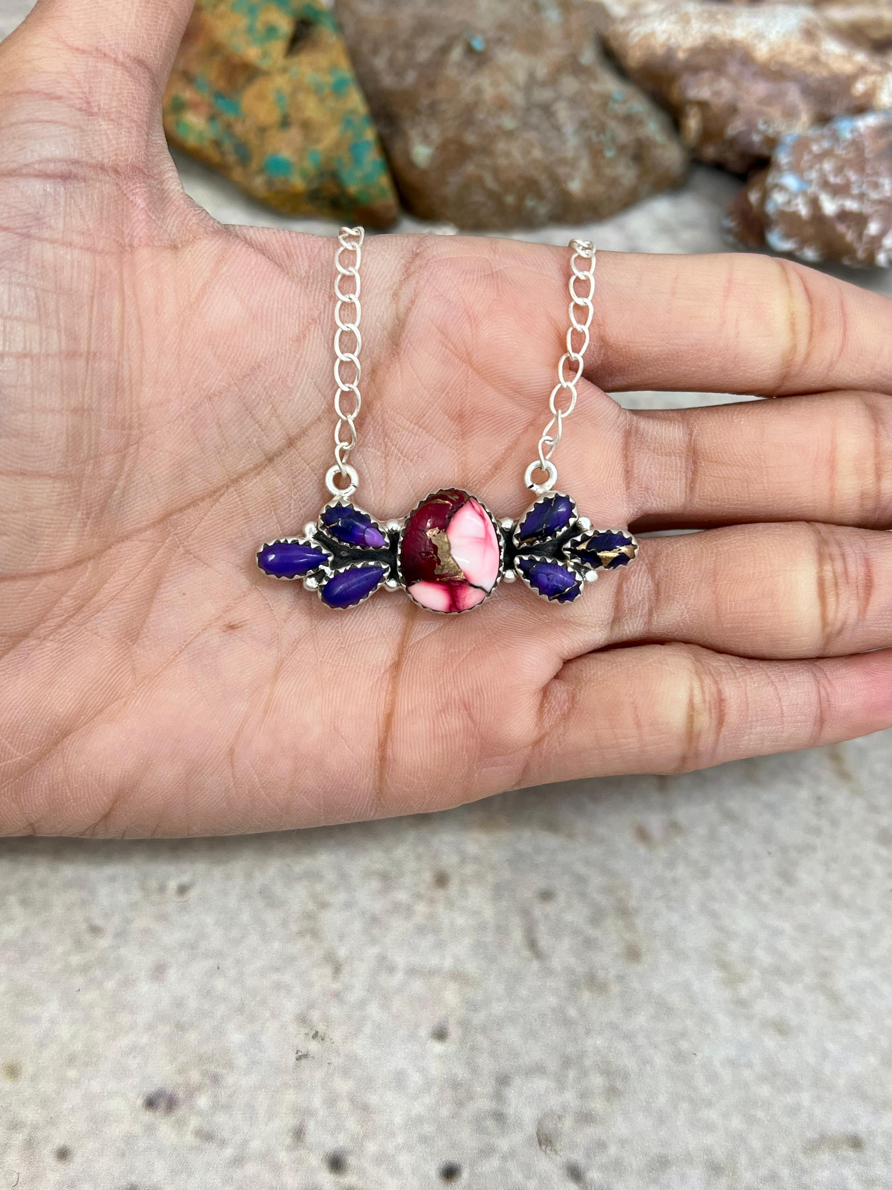 Handmade Sterling Silver Grape Dahlia with Dahlia Rose Necklace with Signed Nizhoni