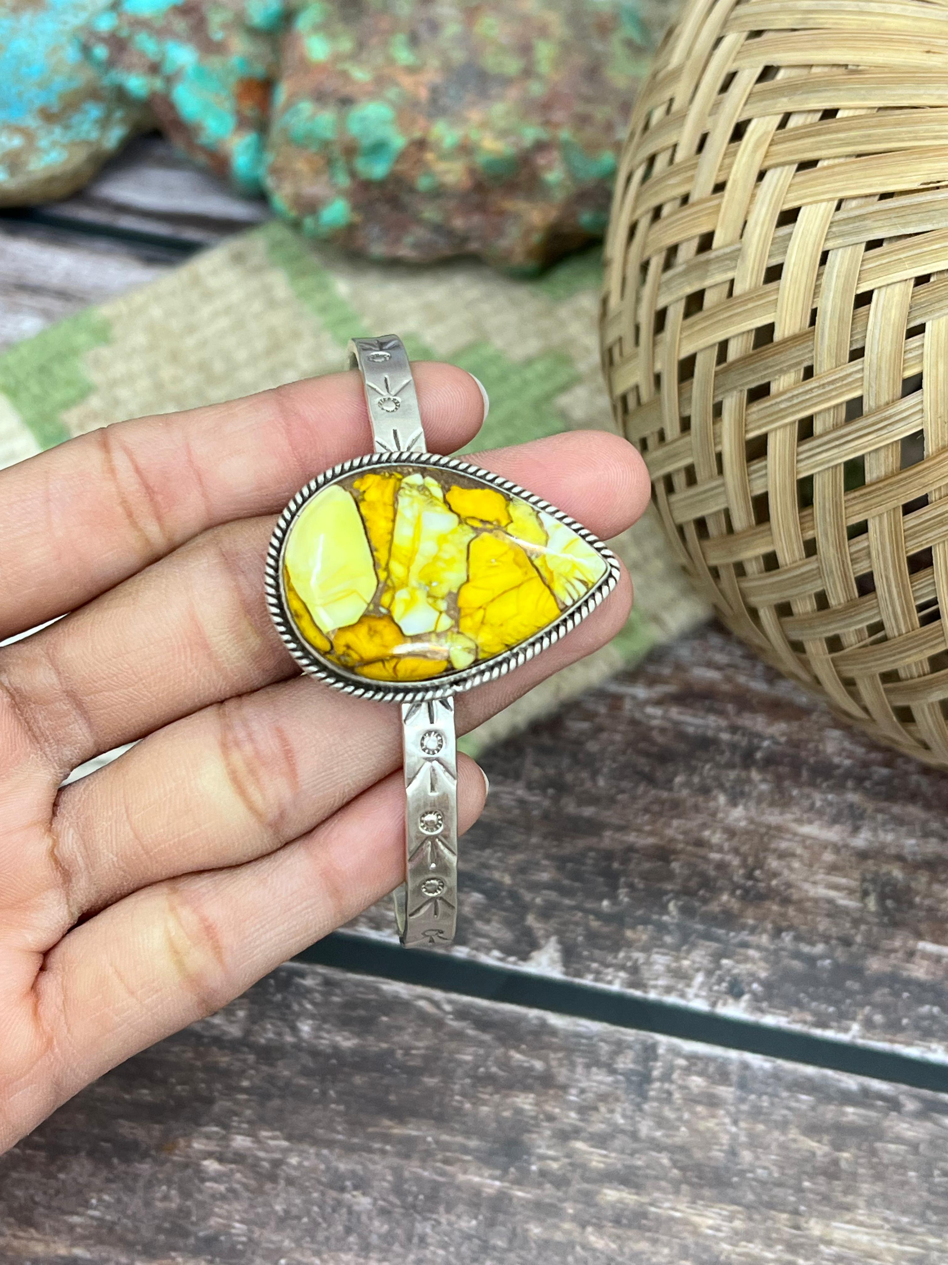 Handmade Sterling Silver Honey Dahlia Cuff Bracelet with Signed Nizhoni