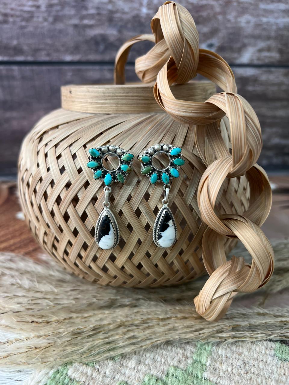 Handmade Sterling Silver Kingman Turquoise with White Buffalo Post Dangle Earrings "Signed Nizhoni"