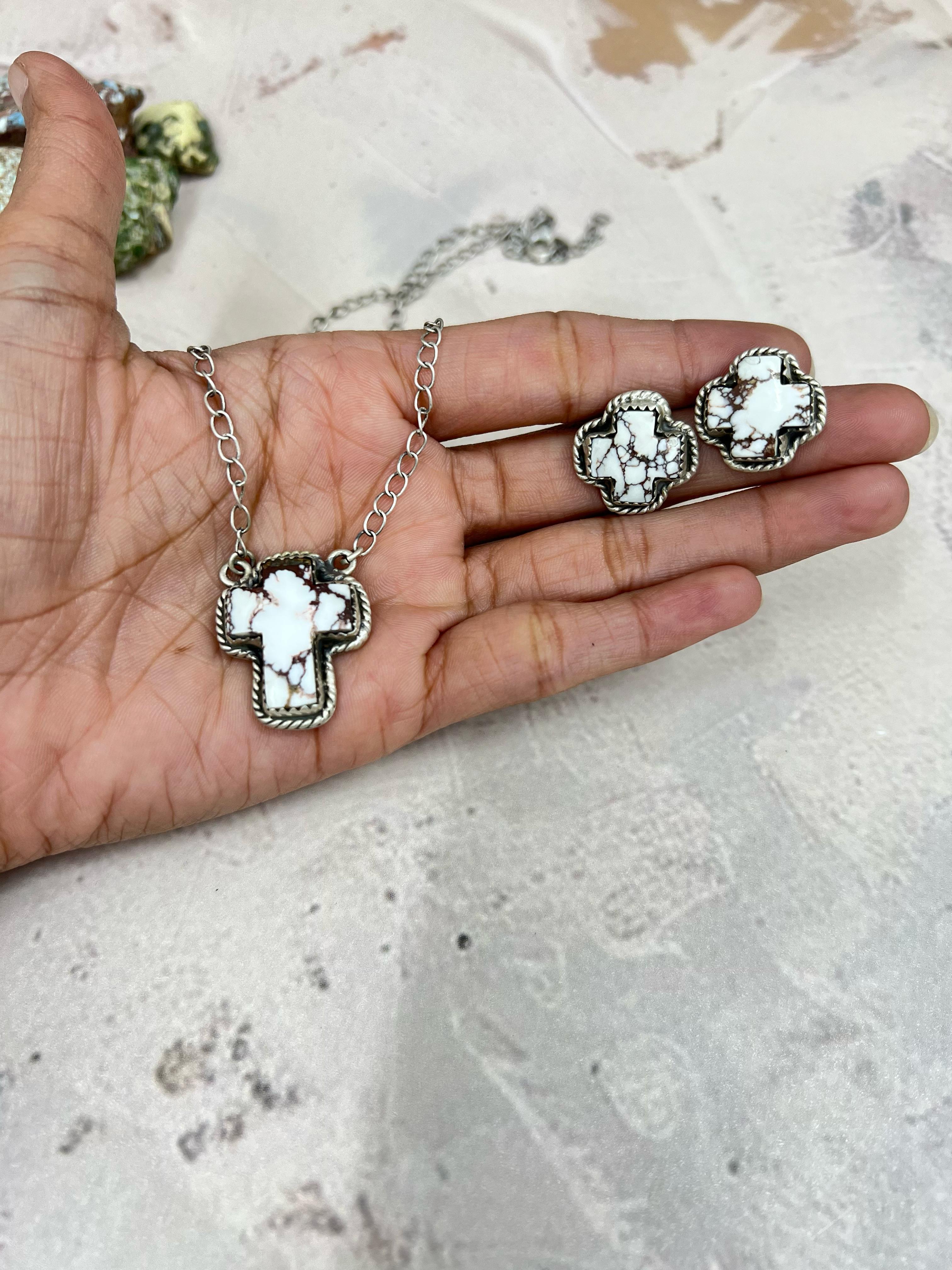 Handmade Sterling Silver Wild Horse Cross Necklace Earrings Set with Signed Nizhoni