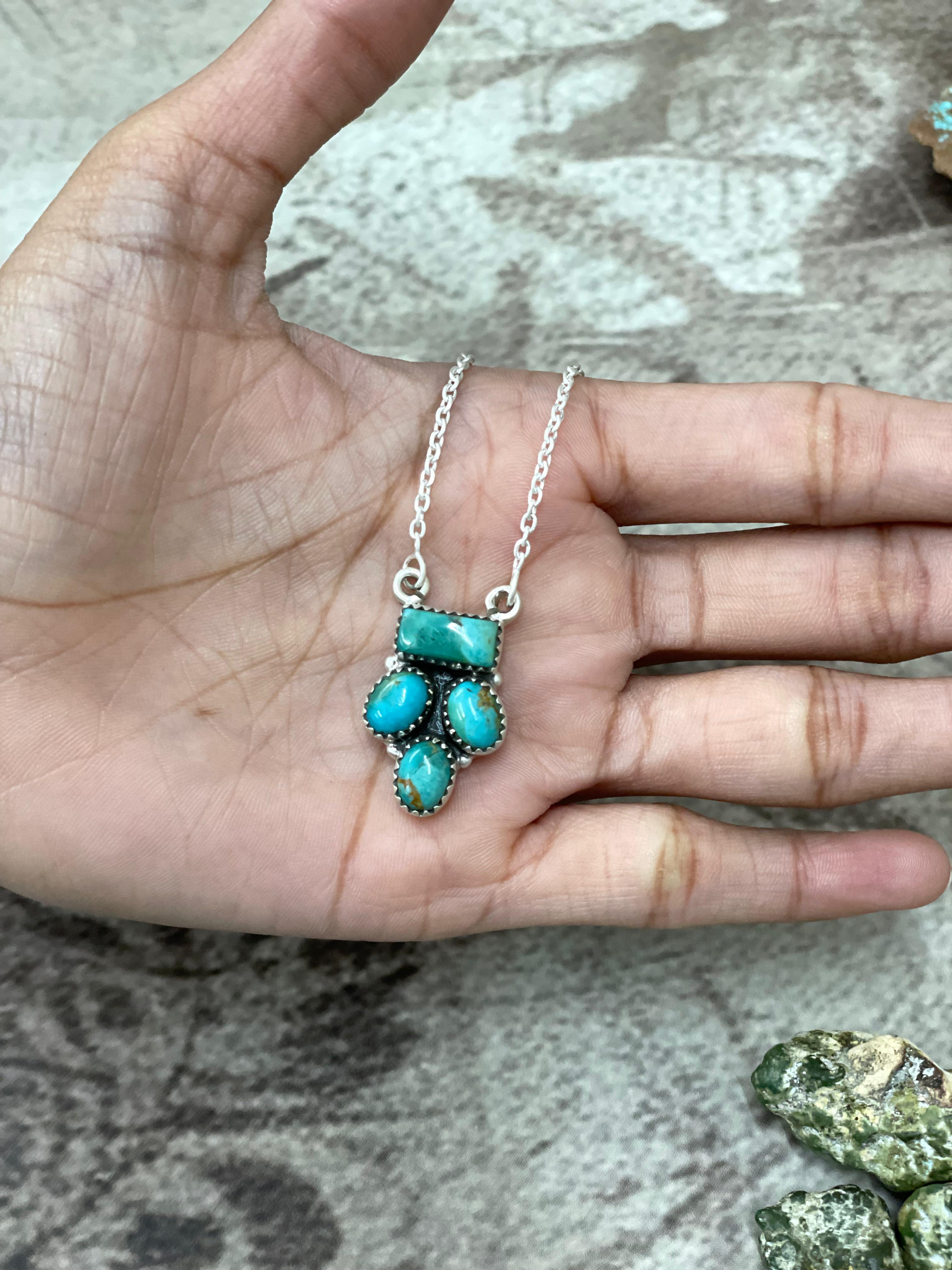 Handmade Sterling Silver Kingman Turquoise Necklace with Signed Nizhoni