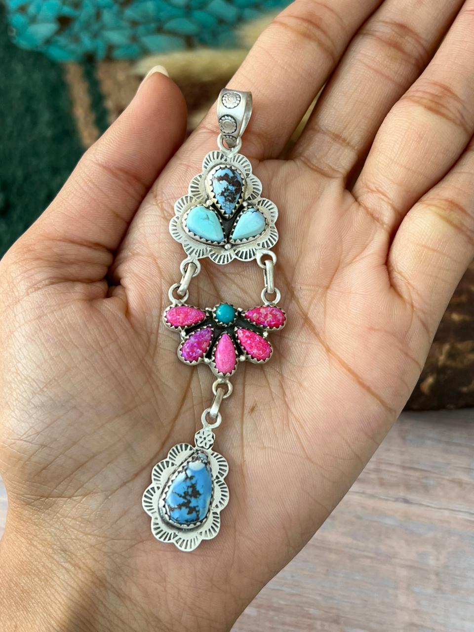 Handmade Sterling Silver Kingman with Golden Hills Turquoise and Hot Pink Pendant "Signed Nizhoni"