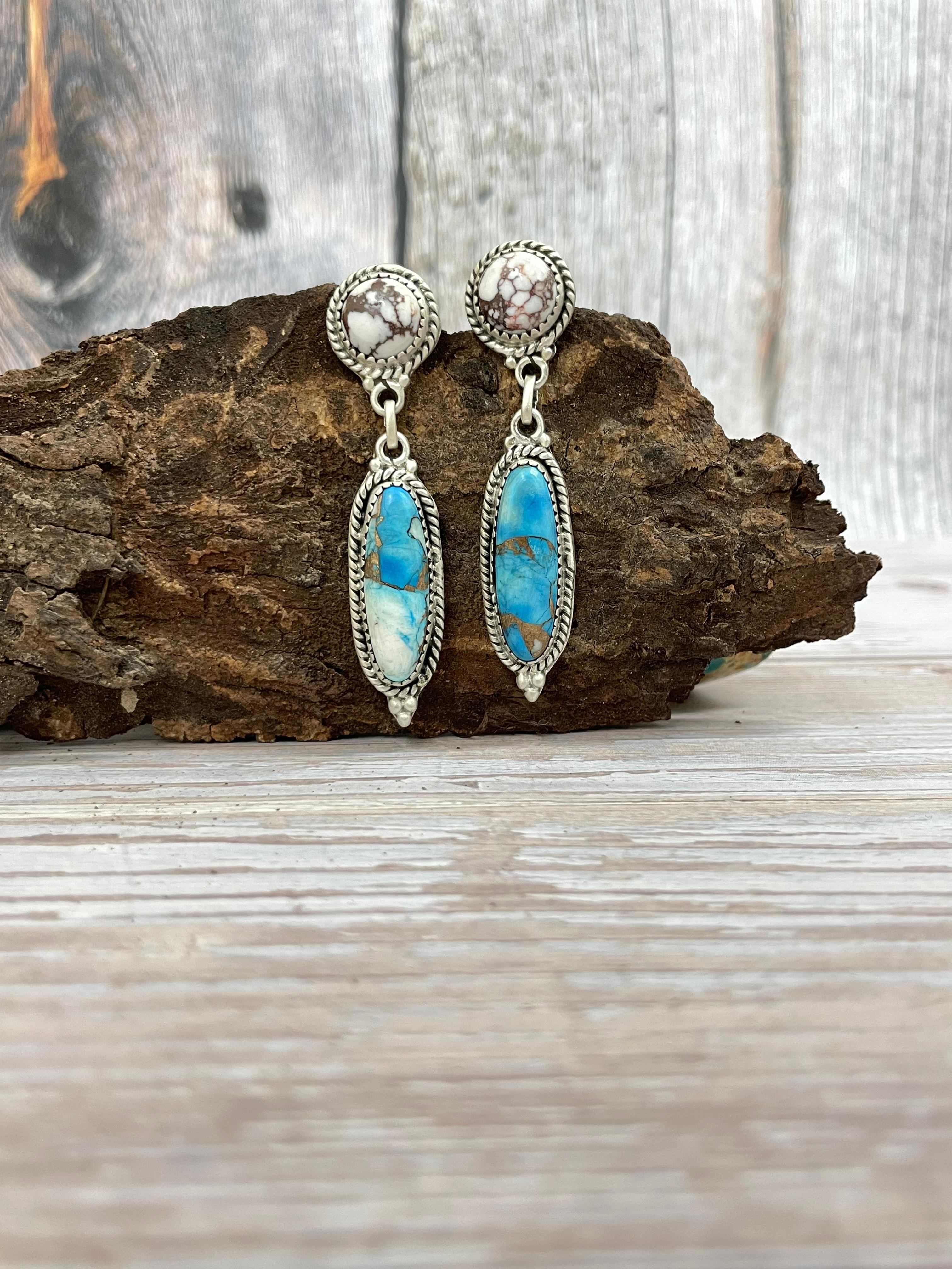 Handmade Sterling Silver Ice Blue Dahlia with Wild Horse Dangle Earrings, Signed Nizhoni