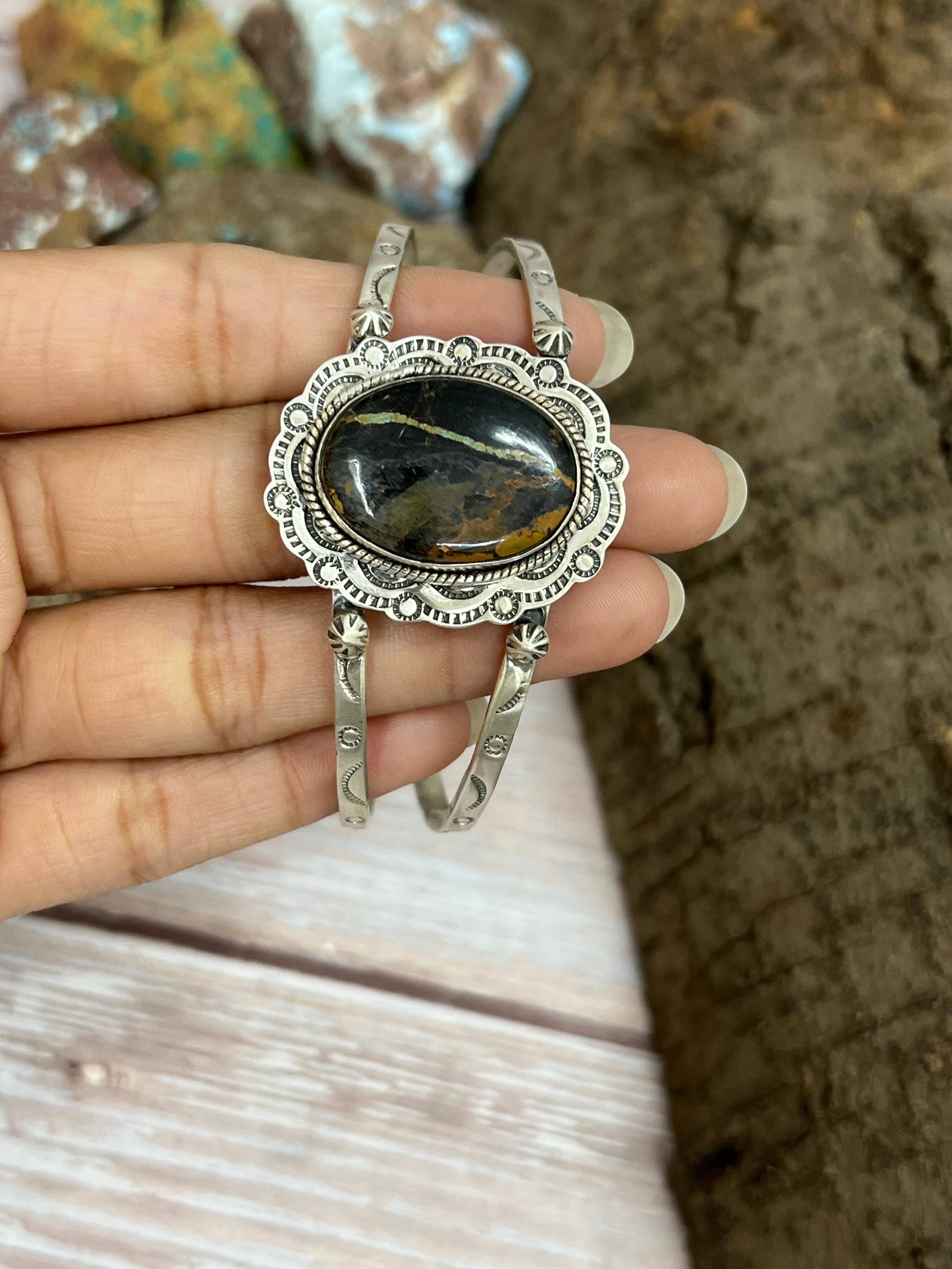 Handmade Sterling Silver Black Jack Cuff Bracelet with Signed Nizhoni