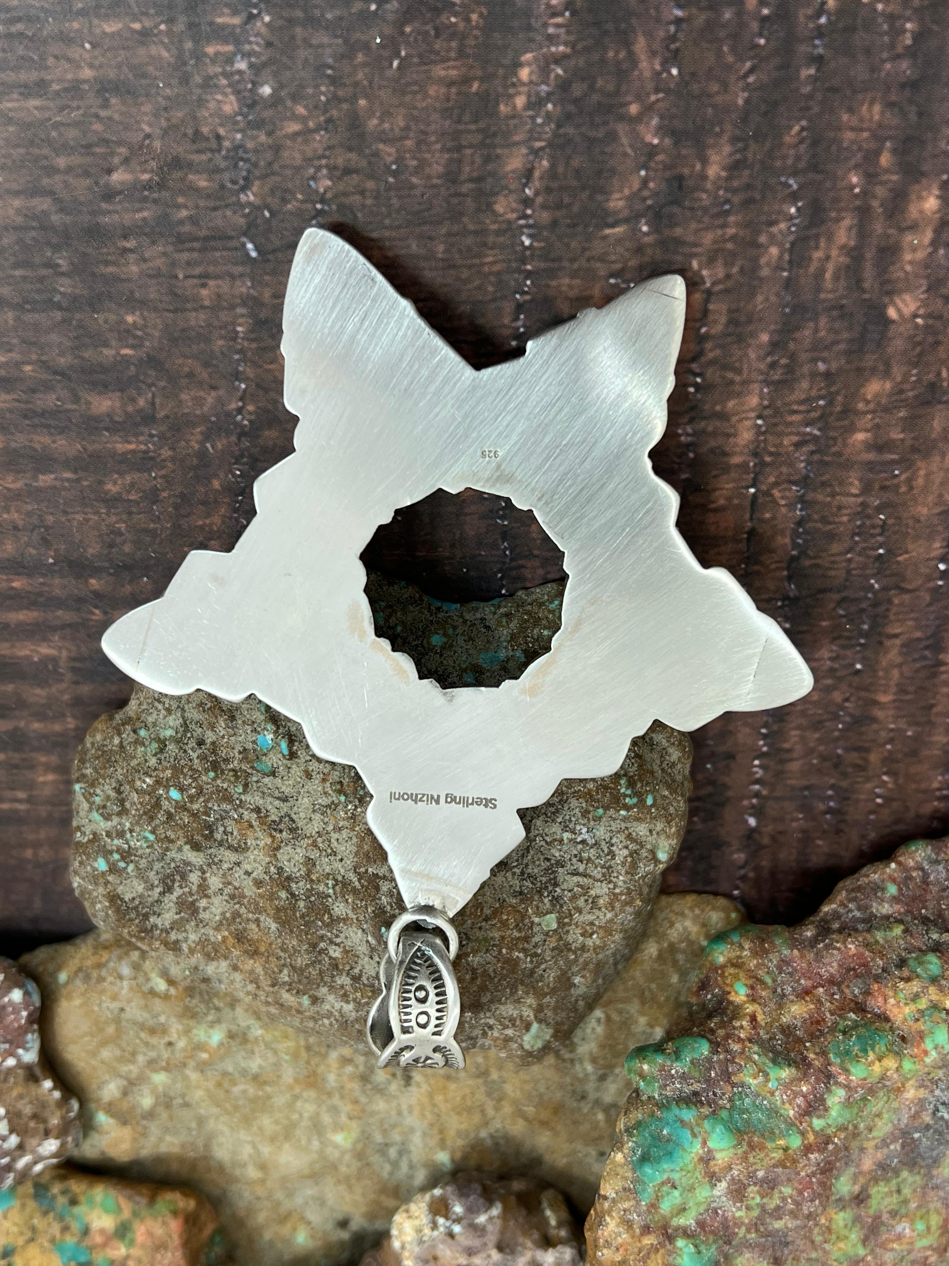 Handmade Sterling Silver Coral with Emerald Valley Star Pendant, Signed Nizhoni