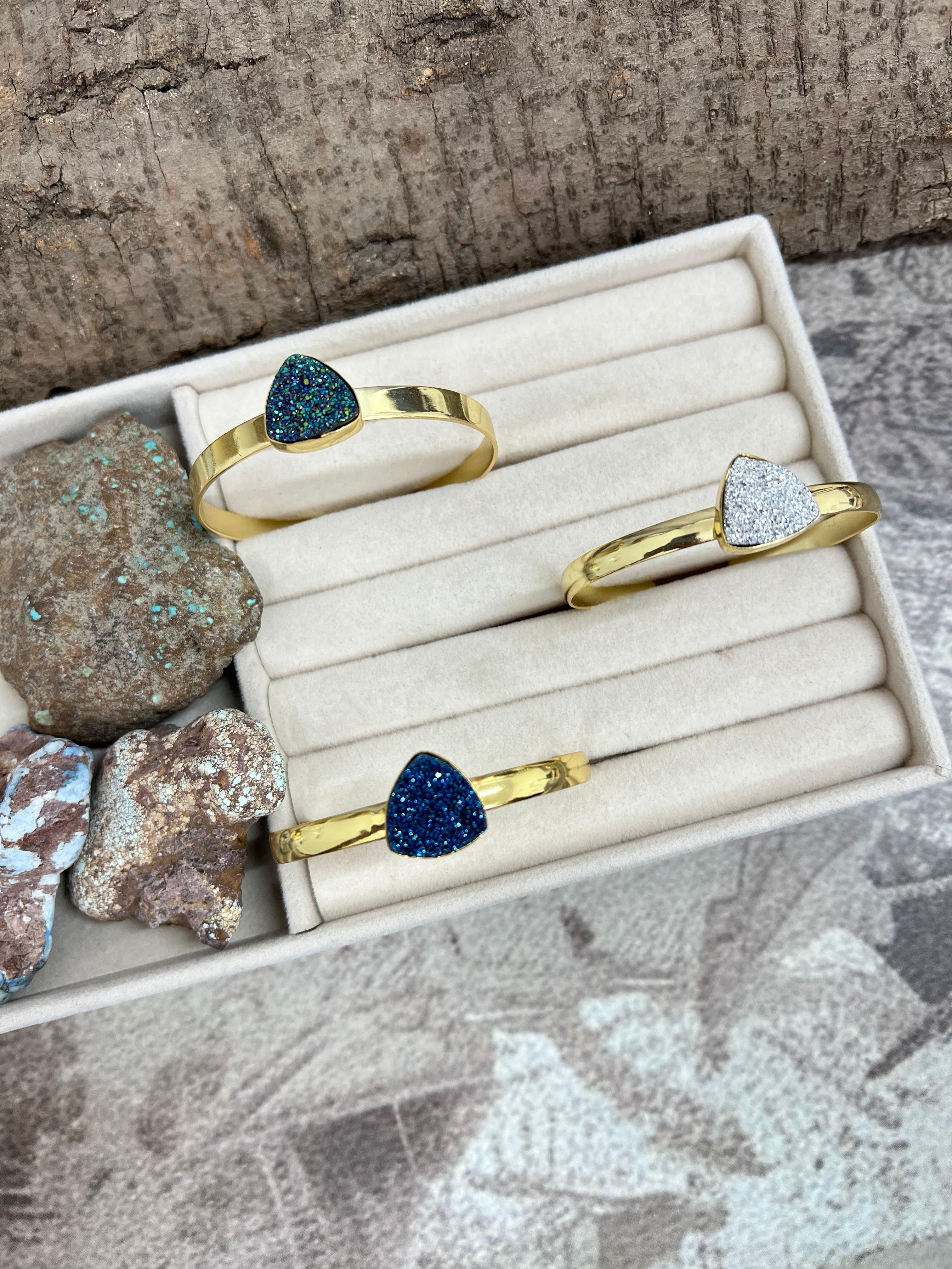 “The Boho Collection” Handmade Natural Gold Plated Druzy Thin Cuff Bracelet