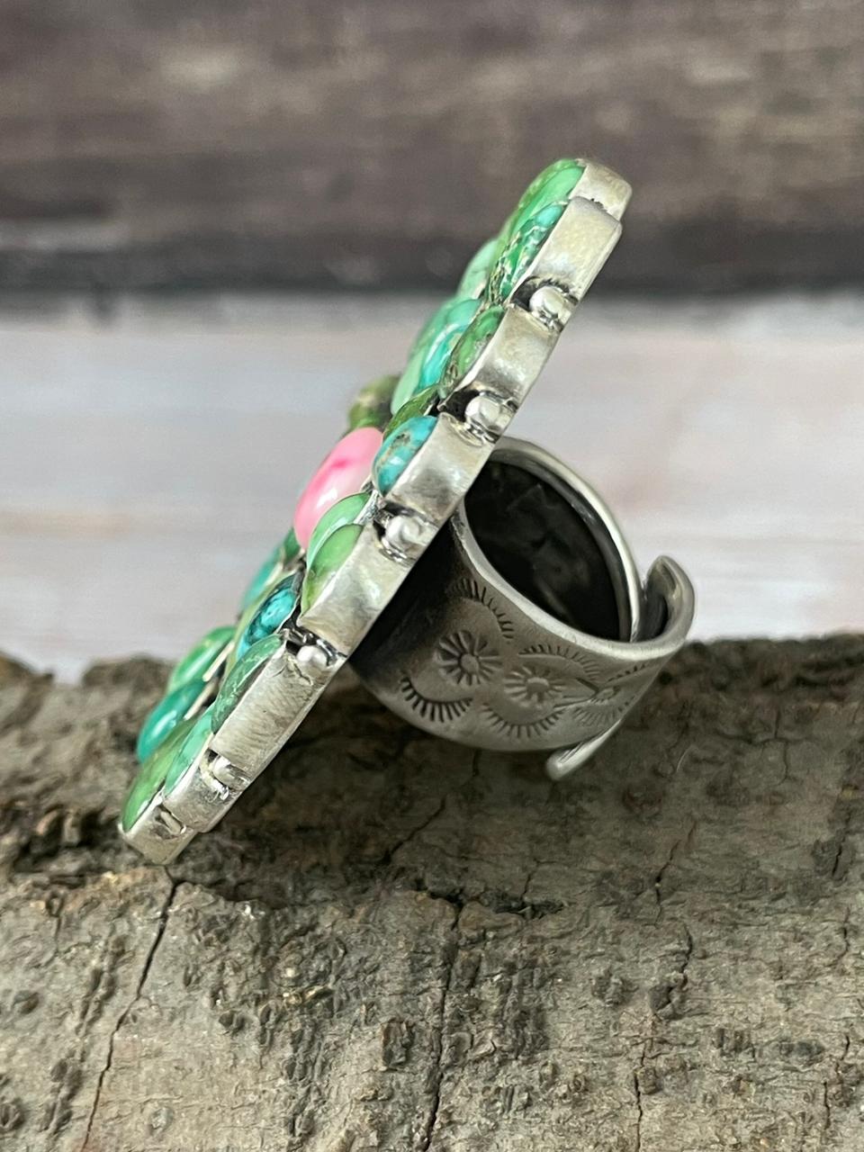 Handmade Sterling Silver Dahlia Rose With Emerald Valley Turquoise Ring "Signed Nizhoni"