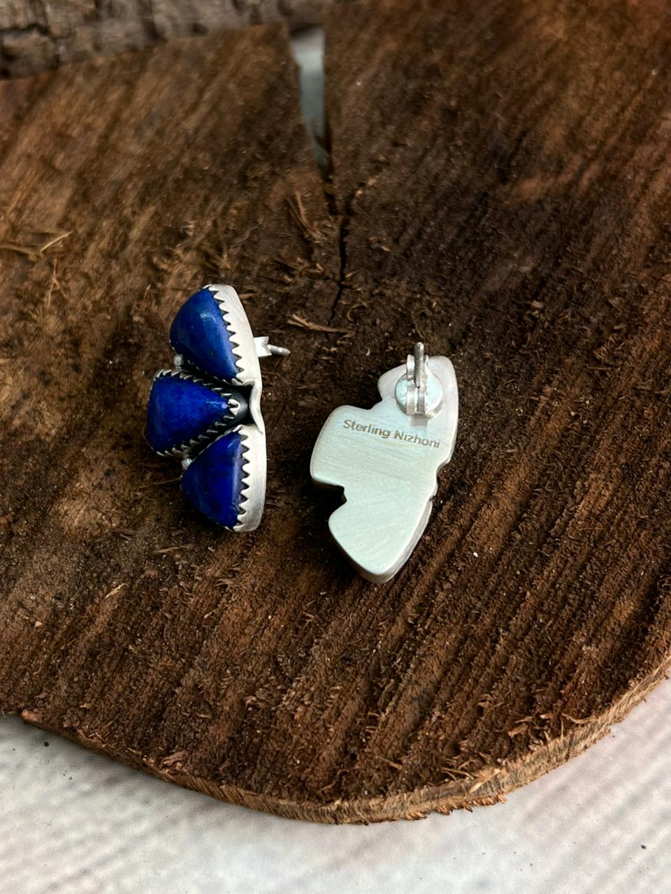 Handmade Sterling Silver Lapis Post Studs Earrings "Signed Nizhoni"