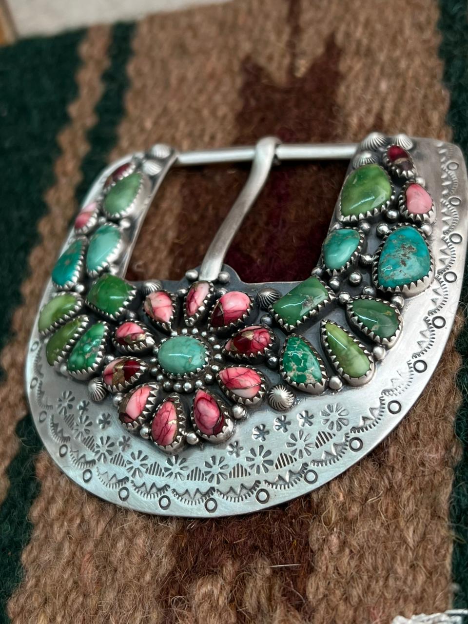 Handmade Sterling Silver Dahlia Rose with Emerald Valley Turquoise Buckle "Signed Nizhoni"