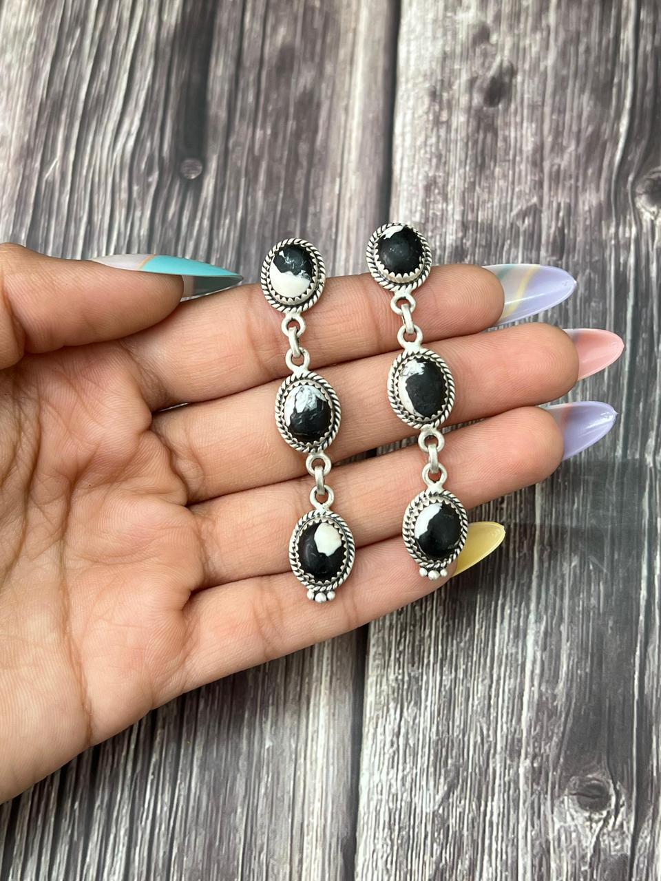 Handmade Sterling Silver White Buffalo Post Dangle Earrings "Signed Nizhoni"