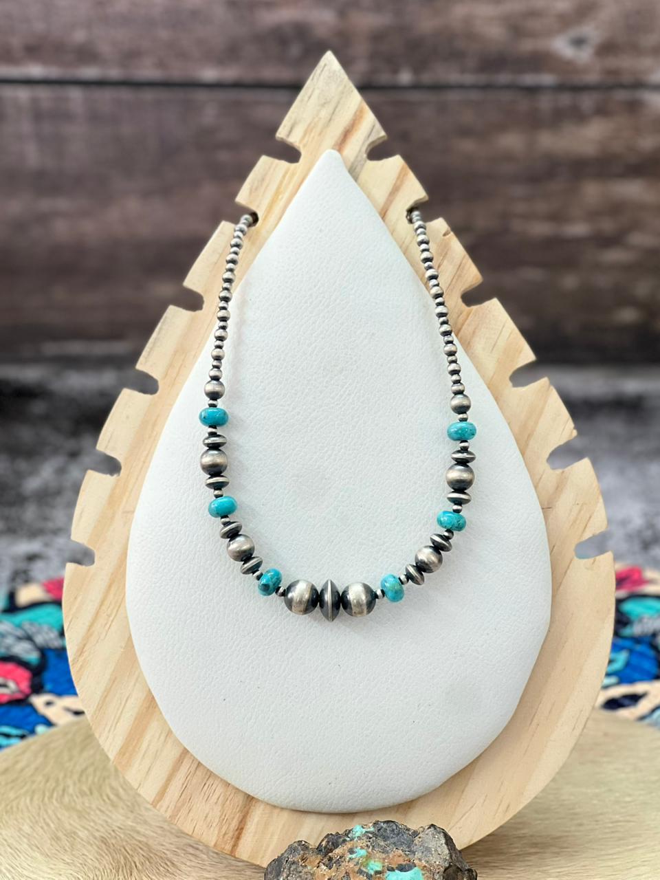 Handmade Sterling Silver Beaded Kingman Turquoise Necklace "Signed Nizhoni"