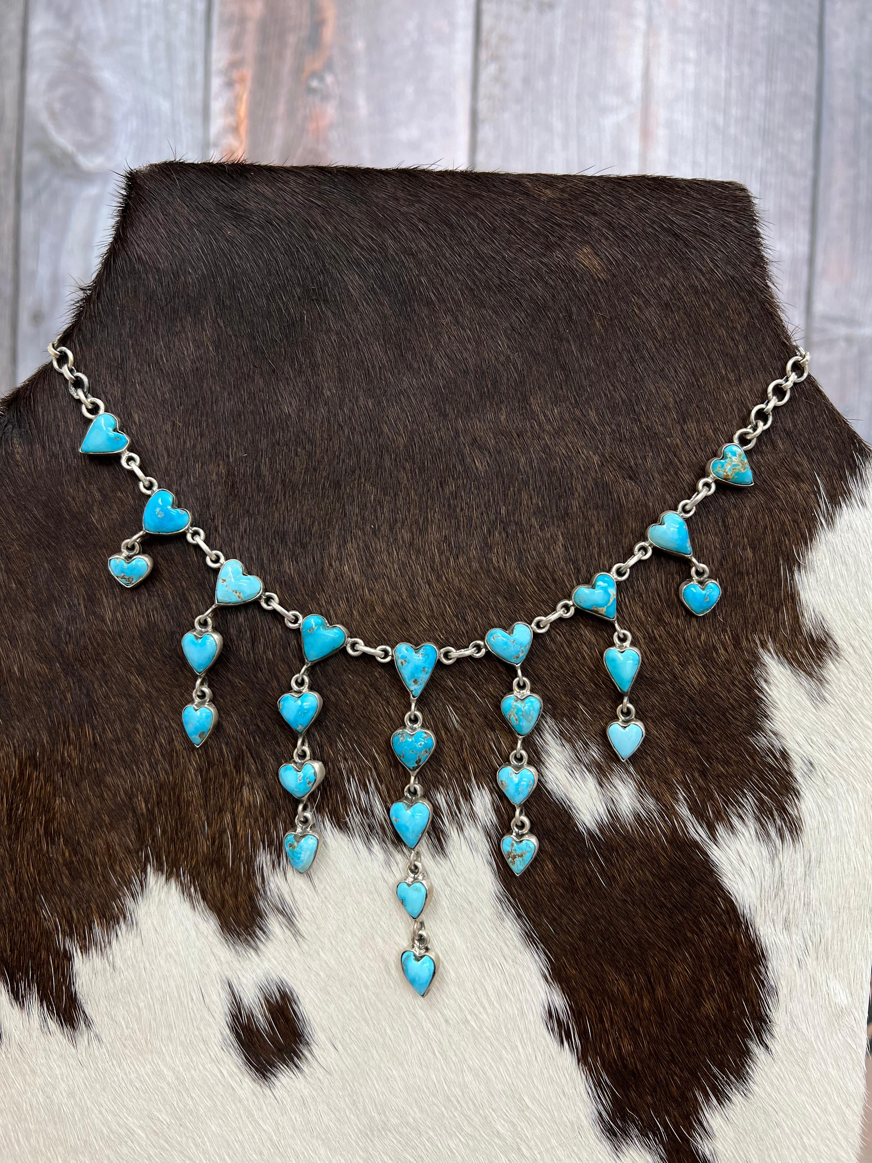 Handmade Sterling Silver Blue Bird Turquoise Necklace with Signed Nizhoni