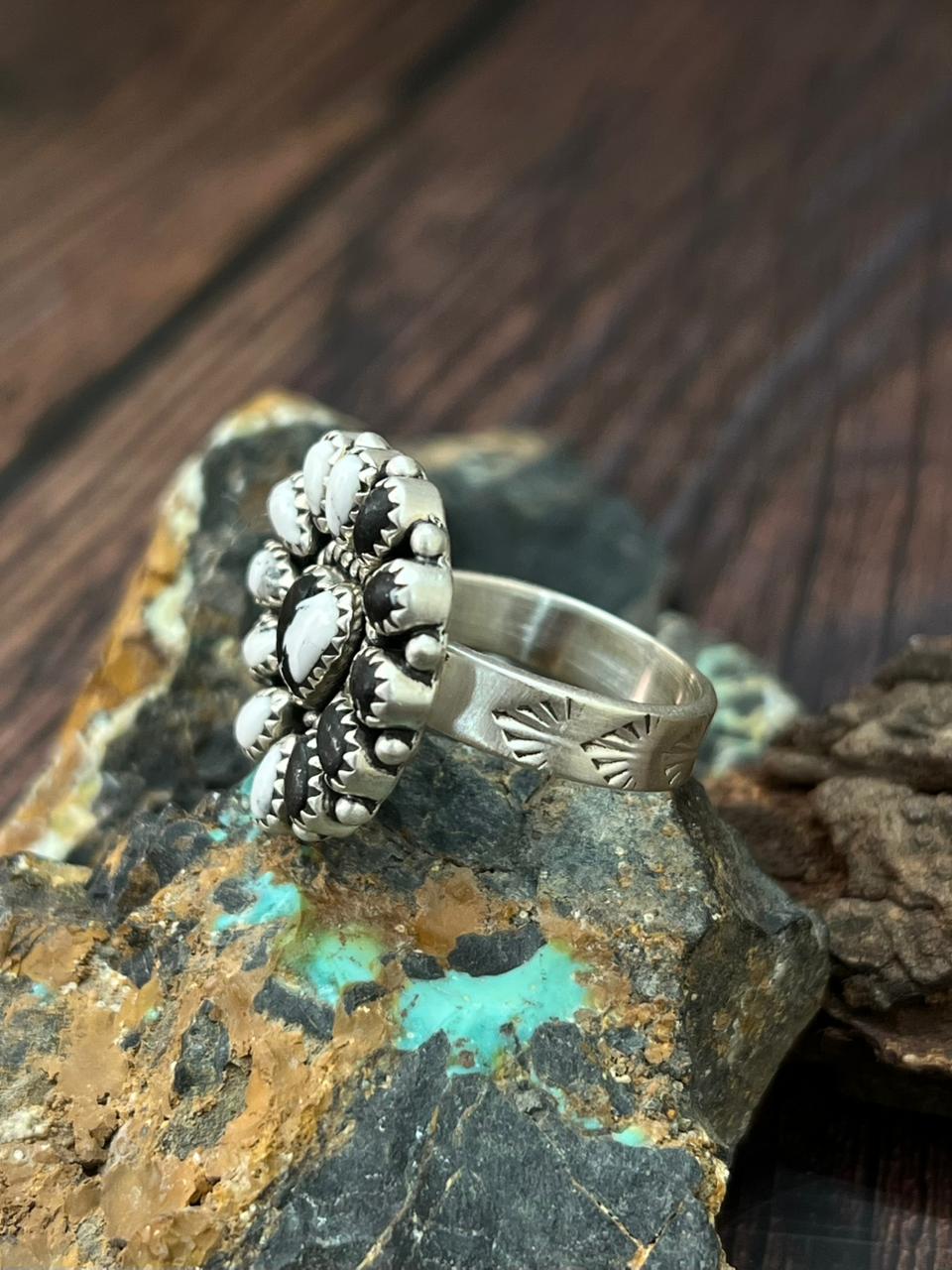 Handmade Sterling Silver White Buffalo Heart Adjustable Ring "Singed Nizhoni"