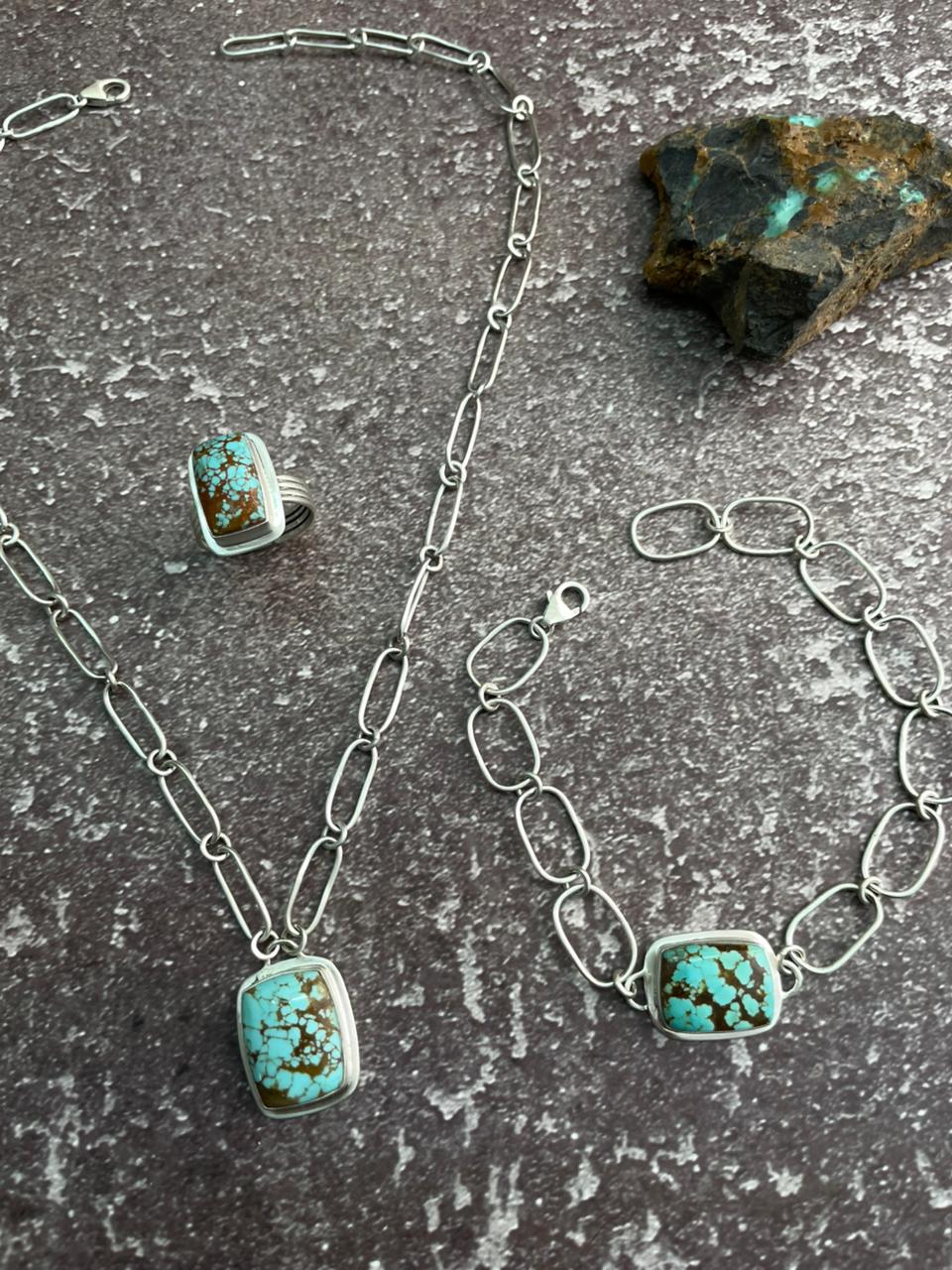 Handmade Sterling Silver Number 8 Turquoise Necklace Bracelet and Ring Set "Signed Nizhoni"