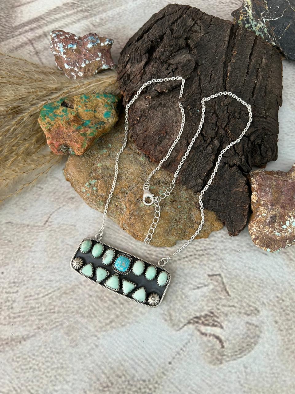 Handmade Sterling Silver Paloma with White Water Turquoise Necklace "Signed Nizhoni" uu157