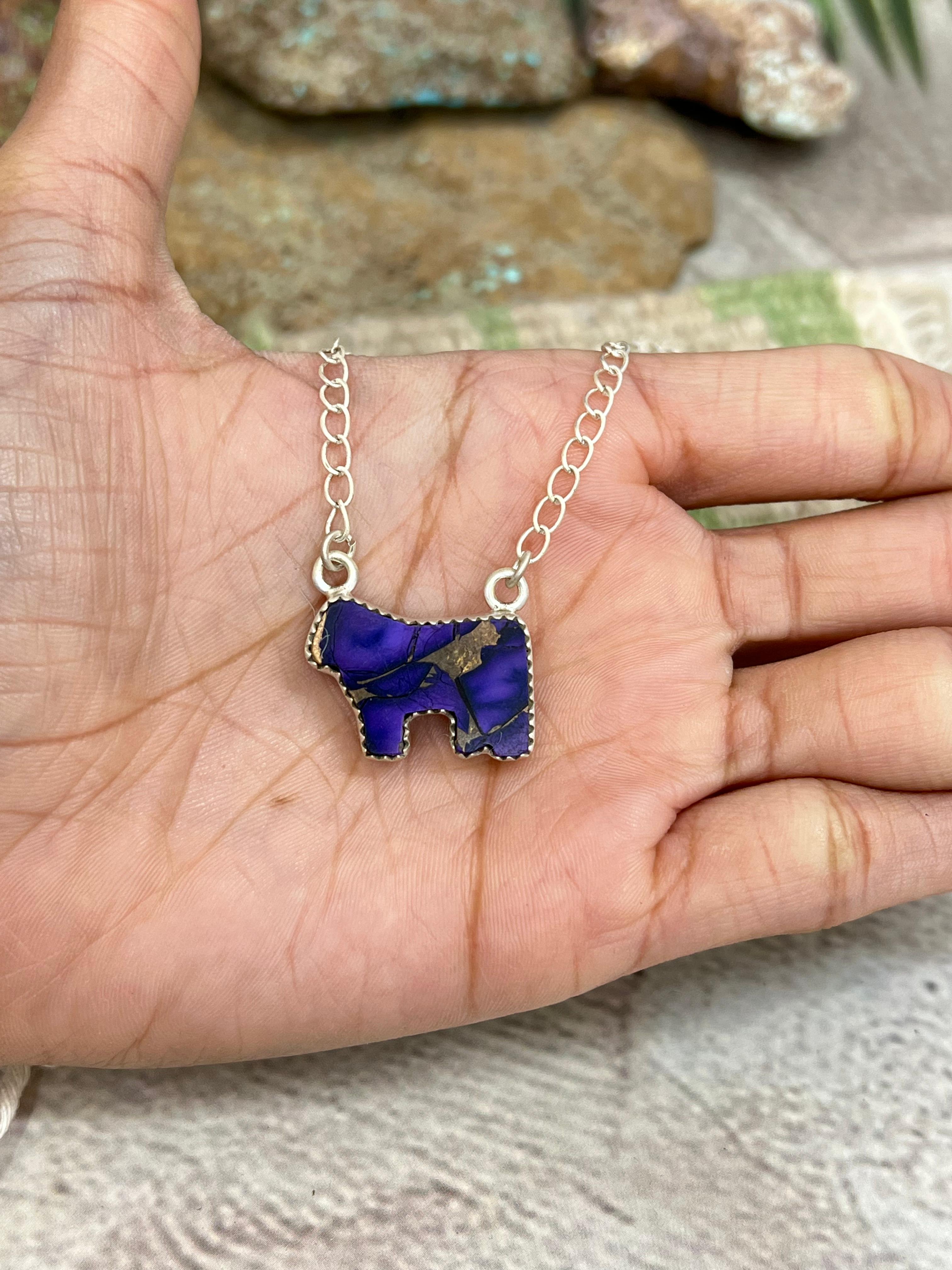 Handmade Sterling Silver Grape Dahlia Bull Necklace with Signed Nizhoni