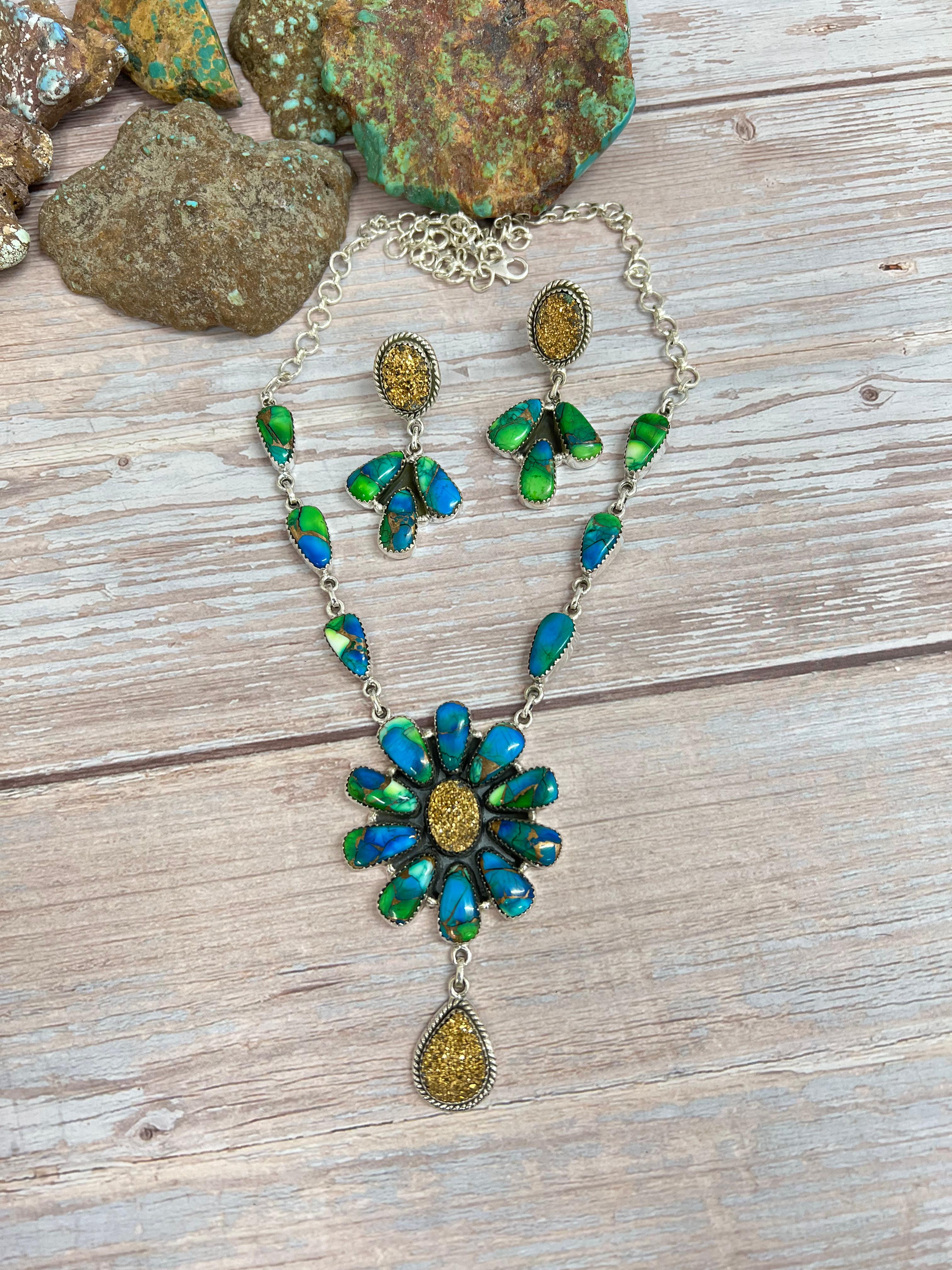 Handmade Sterling Silver Peacock Dahlia with Druzy Necklace Earrings Set with Signed Nizhoni