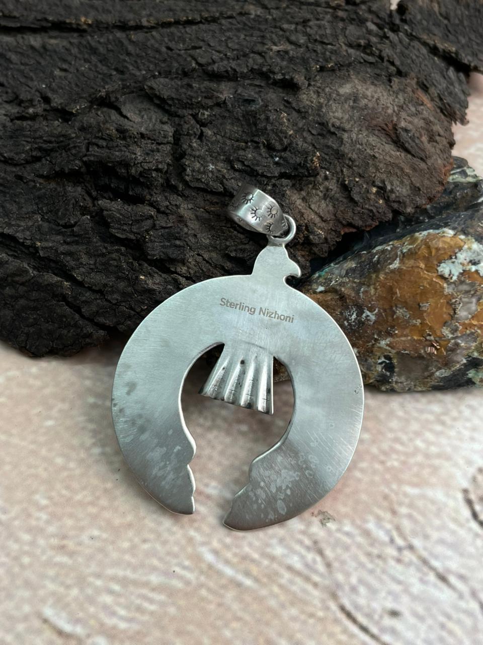 Added Handmade Sterling Silver Kingman Turquoise Naja Pendant "Signed Nizhoni" (3)