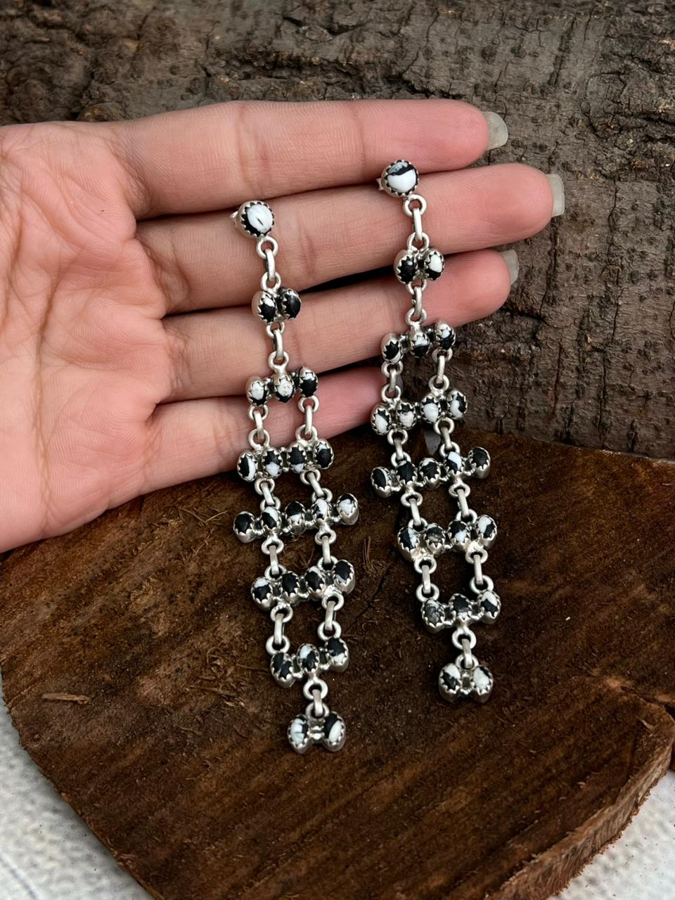 Handmade Sterling Silver White Buffalo Post Dangle Earrings "Signed Nizhoni"