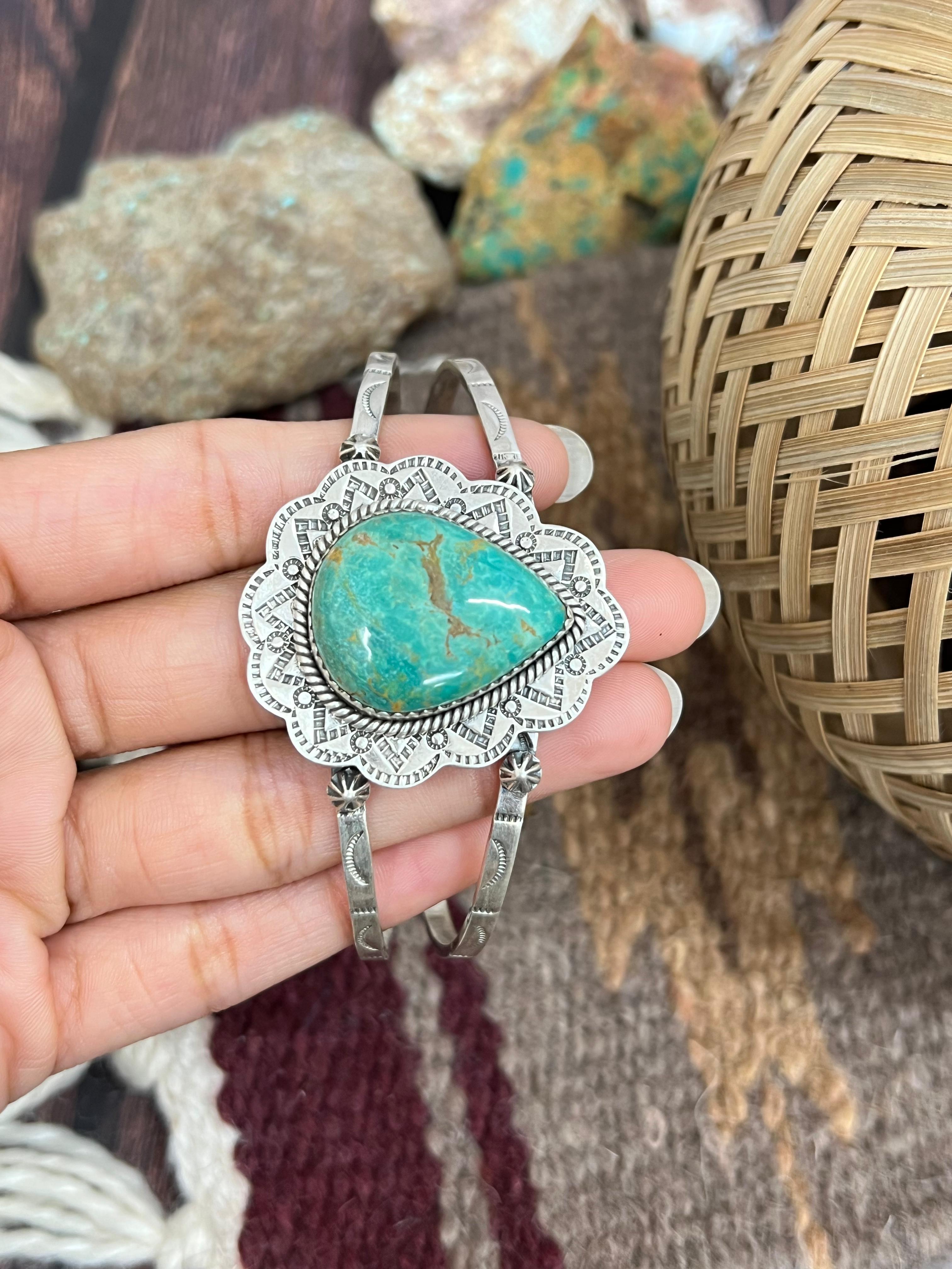 Handmade Sterling Silver Royston Turquoise Cuff Bracelet with Signed Nizhoni